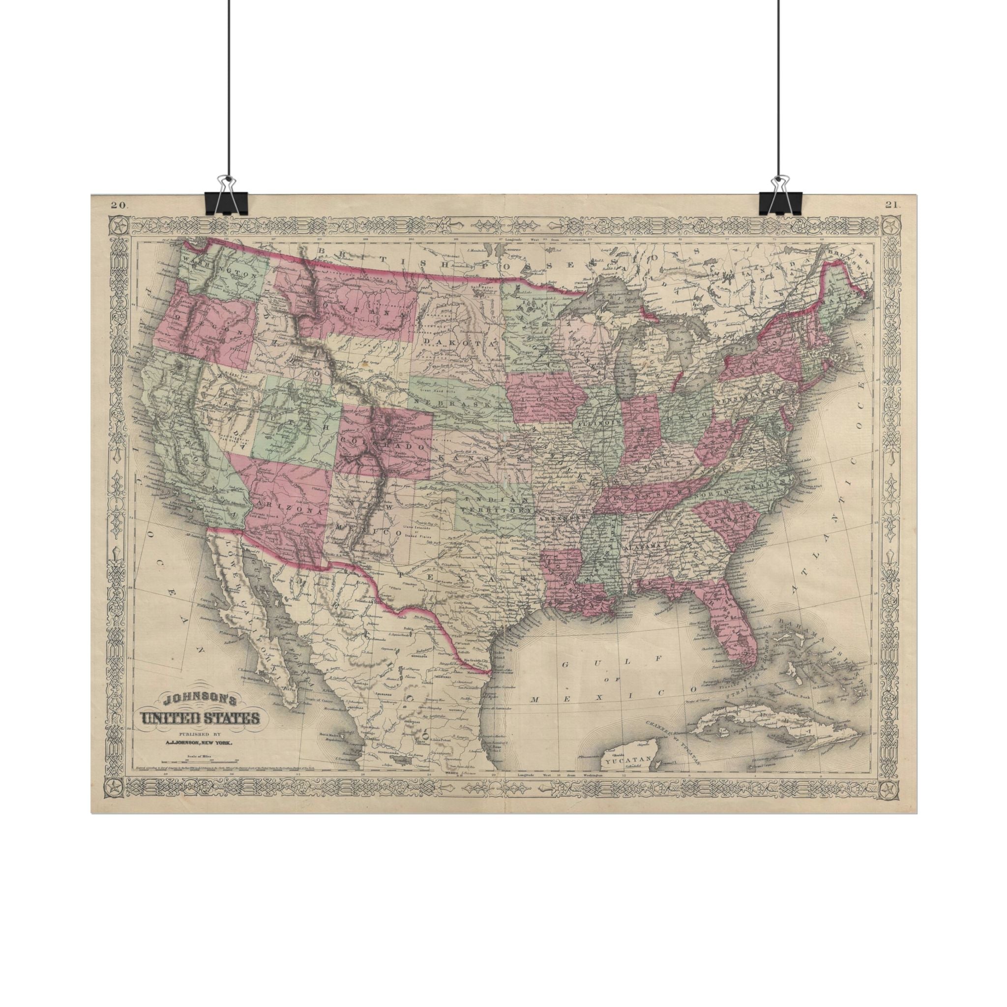 United States of America Historic Map (c. 1866) Rolled Poster | Vintage Map Wall Art