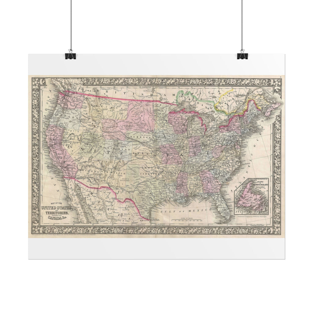 United States of America Historic Map (c. 1866) Rolled Poster | Vintage Map Wall Art
