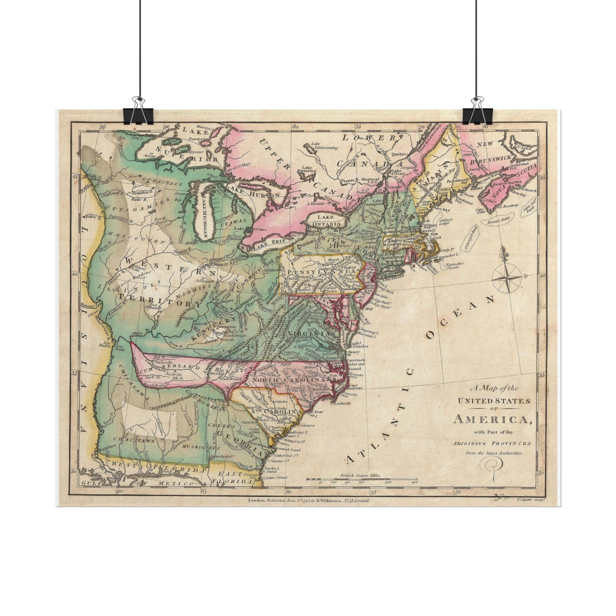 United States of America Historic Map (c. 1794) Rolled Poster | Vintage Map Wall Art