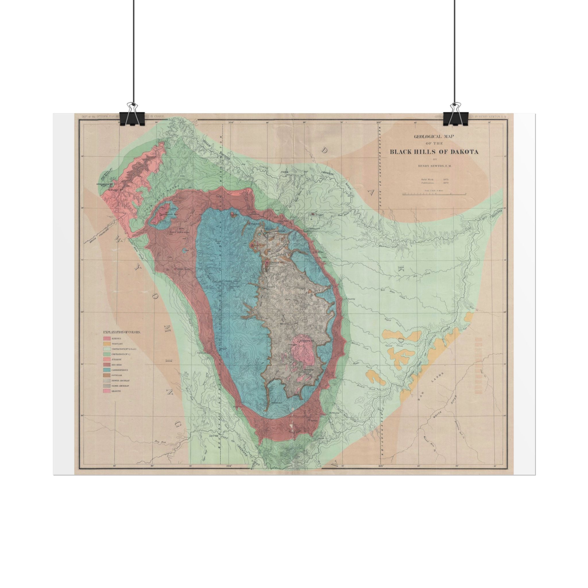 Black Hills, South Dakota Geologic Survey (c. 1879) Historic Map Rolled Poster | Vintage Map Wall Art
