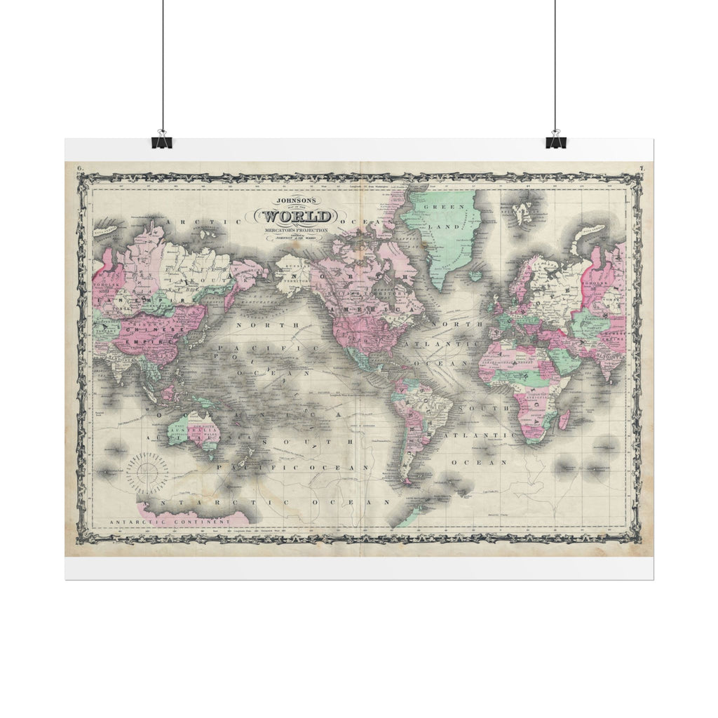 The World Atlas Mercator's Projection Historic Map (c. 1863) Rolled Poster | Antique Map Wall Art