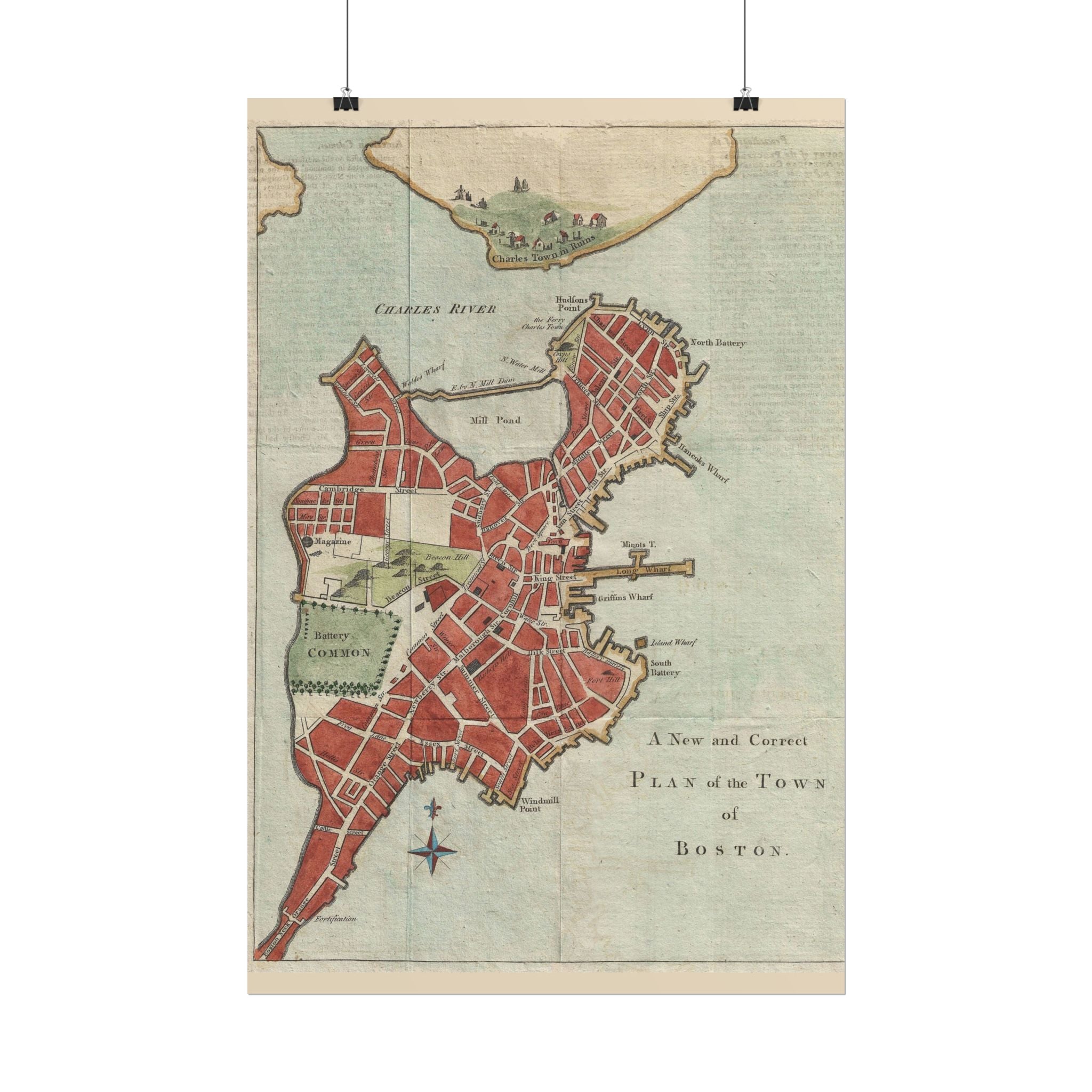 Boston, Massachusetts (c. 1775) Historic City Map Rolled Poster | Vintage Map Wall Art