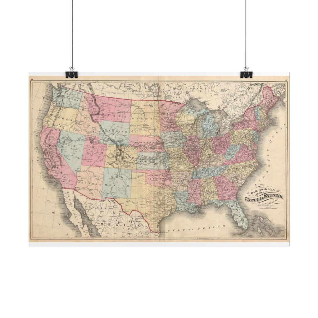 United States of America Historic Railroad Map (c. 1876) Rolled Poster | Vintage Map Wall Art