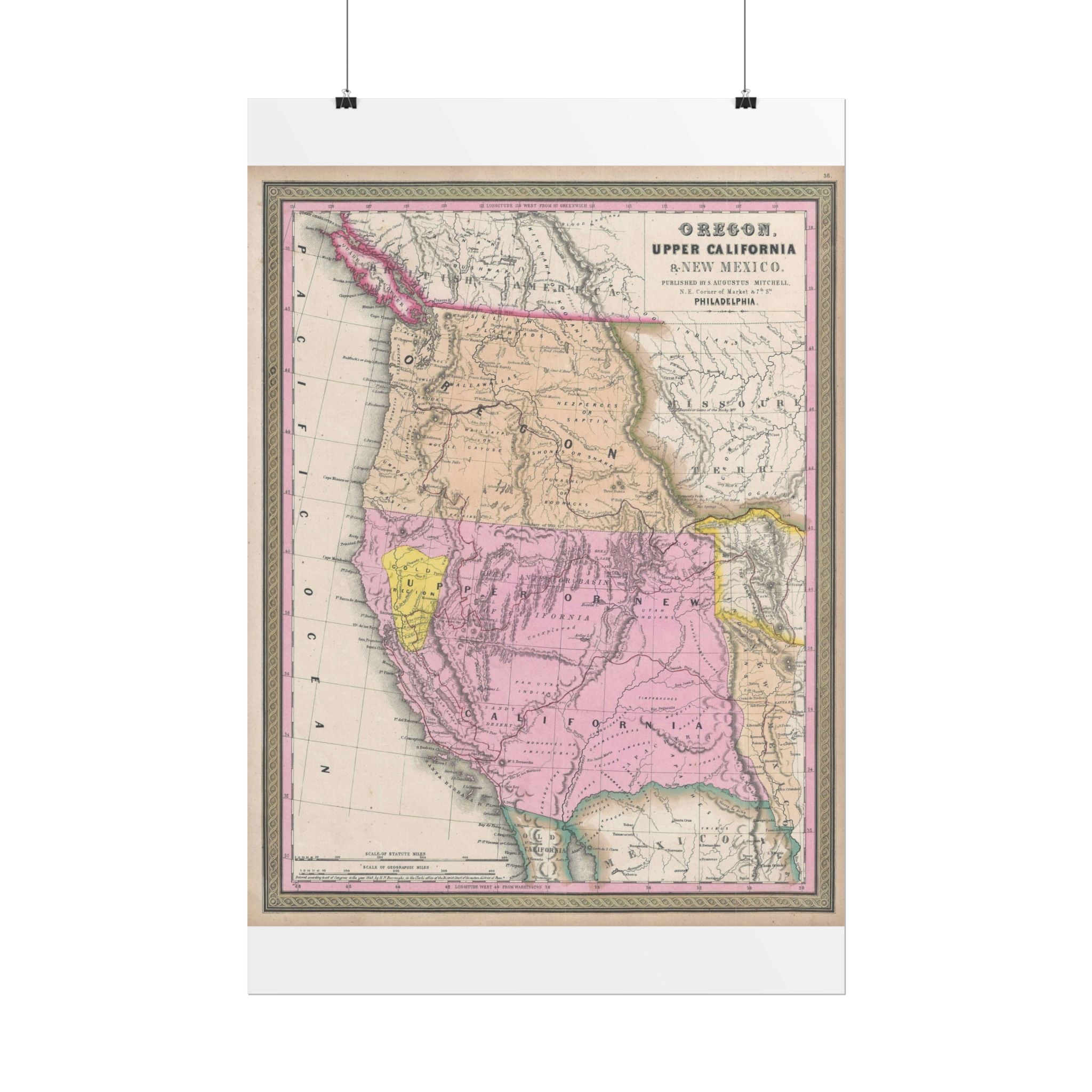 California & Oregon Gold Rush Historic Map (c. 1849) Rolled Poster | Antique State Map Wall Art