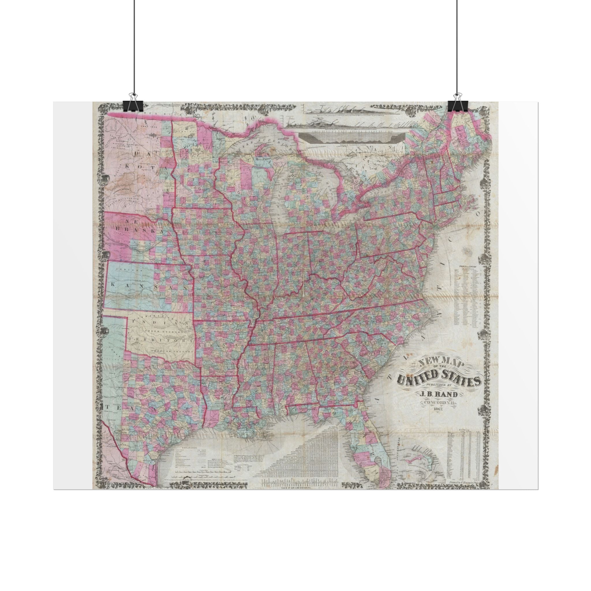 United States of America Historic Map (c. 1867) Rolled Poster | Vintage Map Wall Art