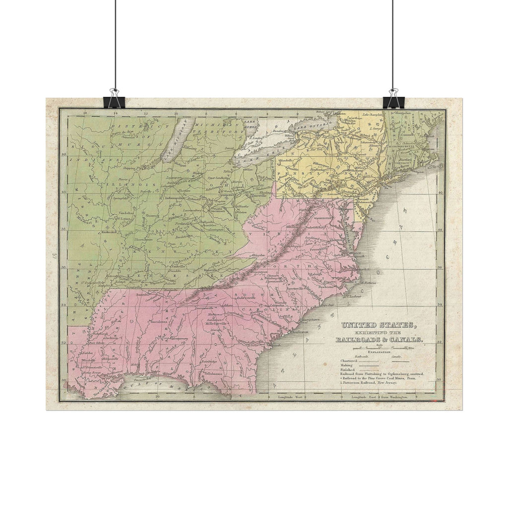 United States of America Historic Railroad Map (c. 1835) Rolled Poster | Vintage Map Wall Art