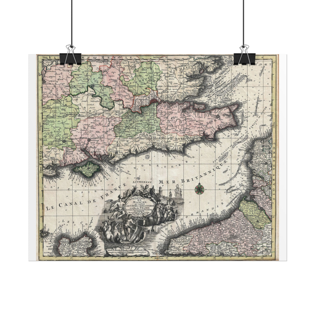 English Channel Historic Map (c. 1730) Rolled Poster | Vintage Map Wall Art