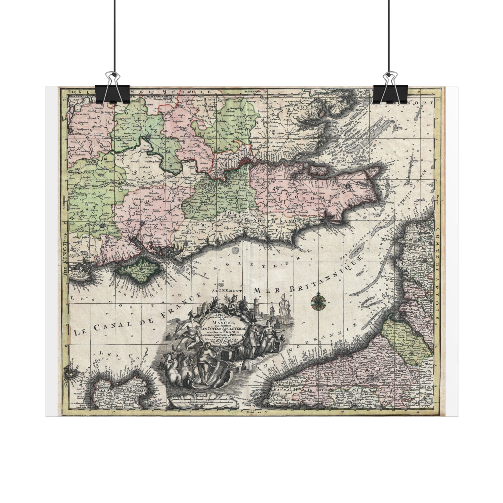 English Channel Historic Map (c. 1730) Rolled Poster | Vintage Map Wall Art