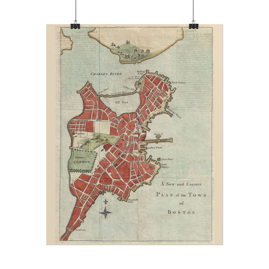 Boston, Massachusetts (c. 1775) Historic City Map Rolled Poster | Vintage Map Wall Art