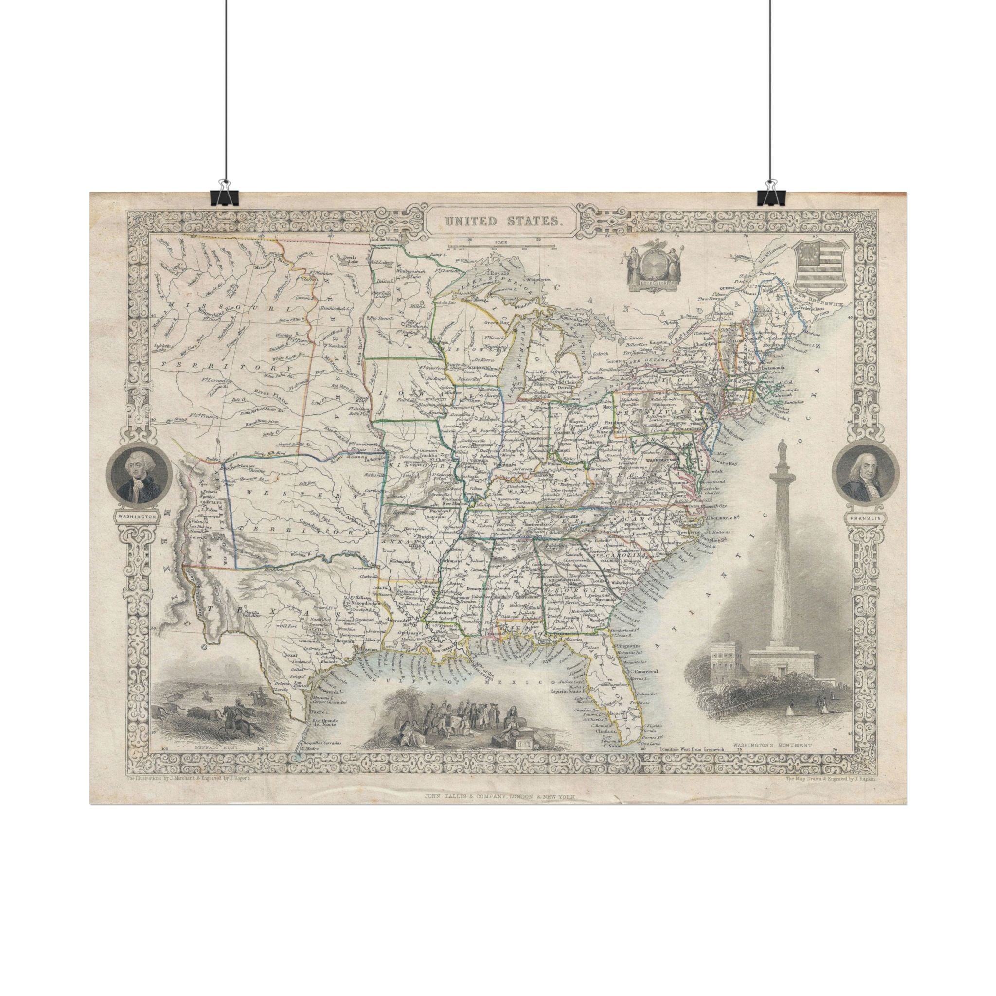 United States of America Historic Map (c. 1851) Rolled Poster | Vintage Map Wall Art