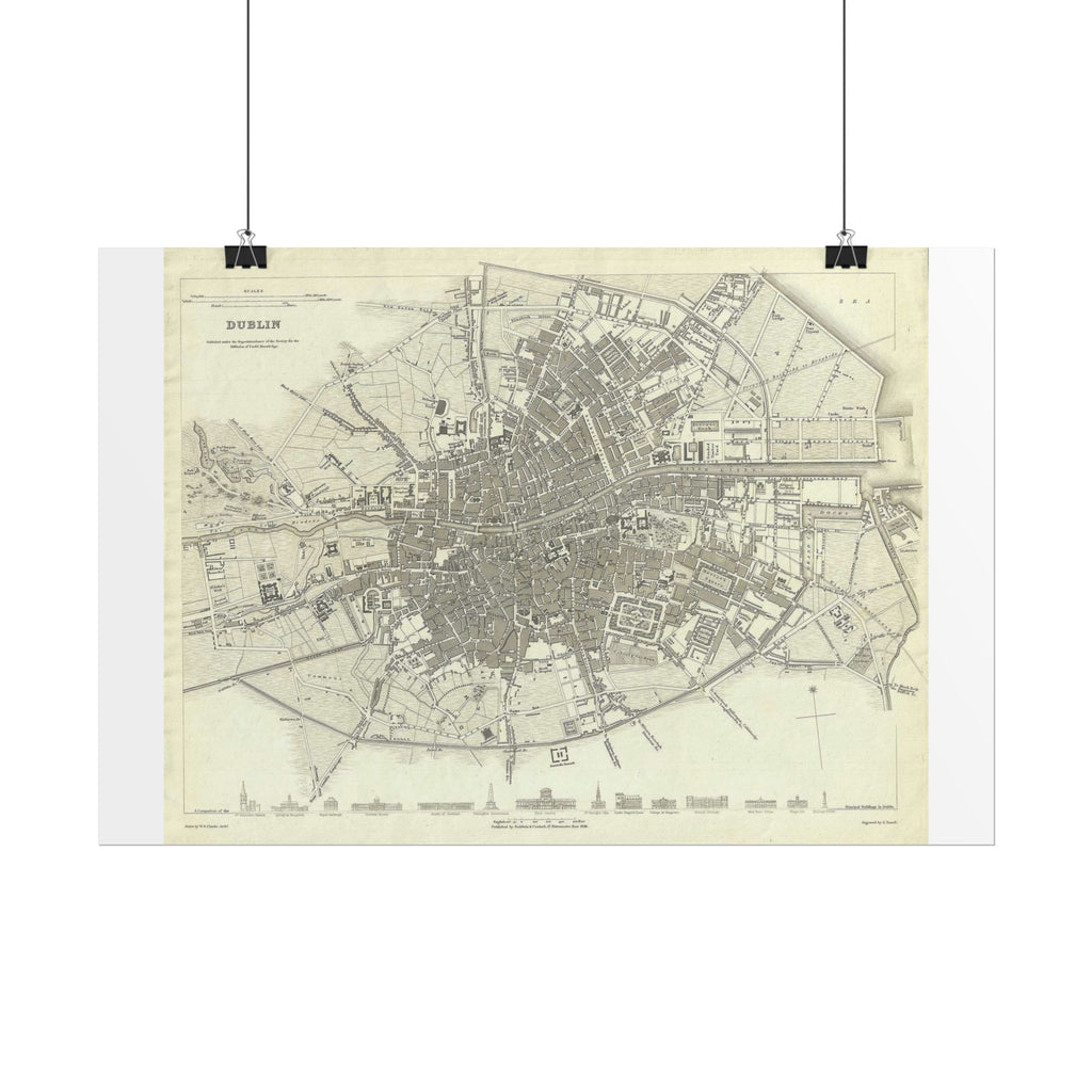 Dublin, Ireland Historic Map (c. 1836) Rolled Poster | Antique City Map Wall Art