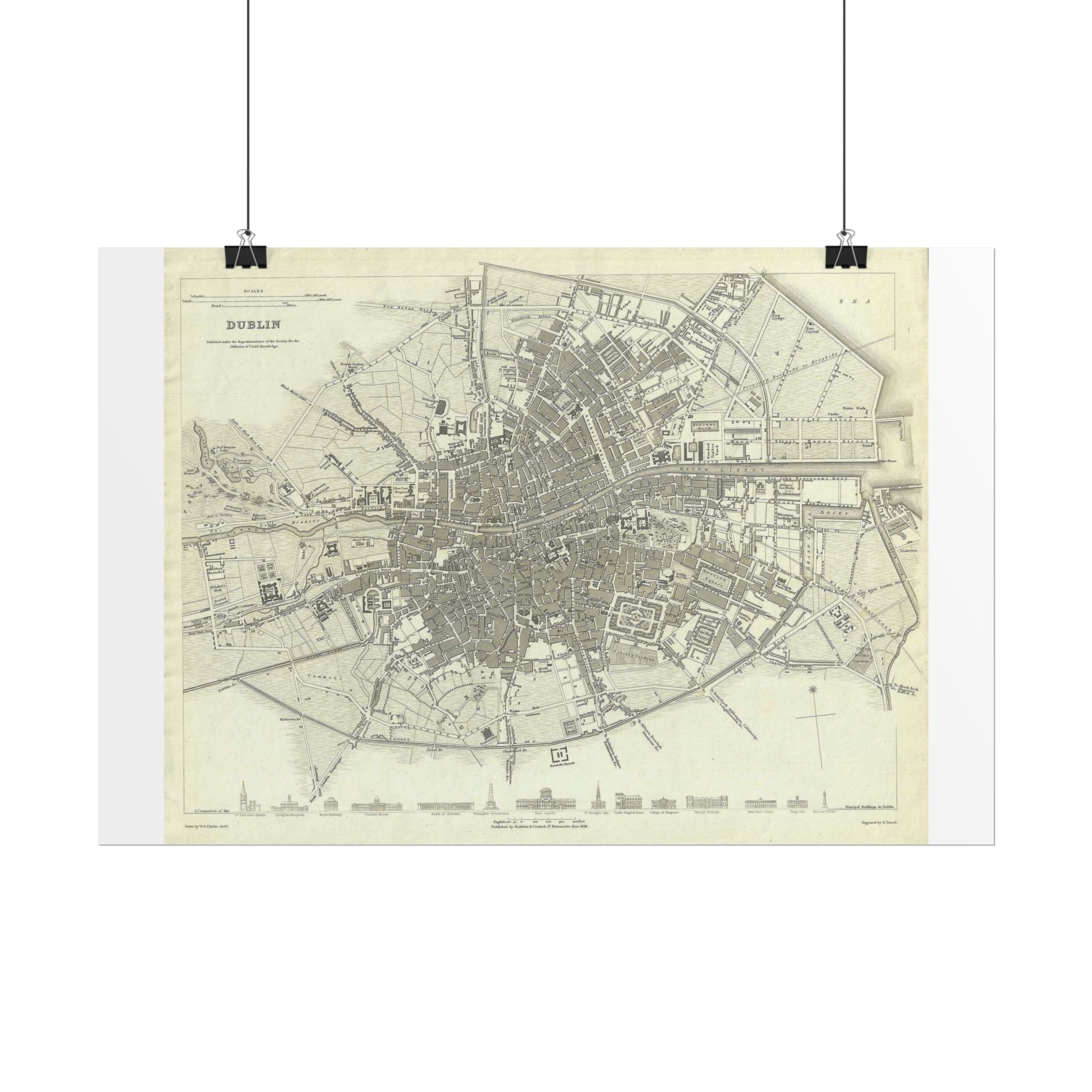 Dublin, Ireland Historic Map (c. 1836) Rolled Poster | Antique City Map Wall Art
