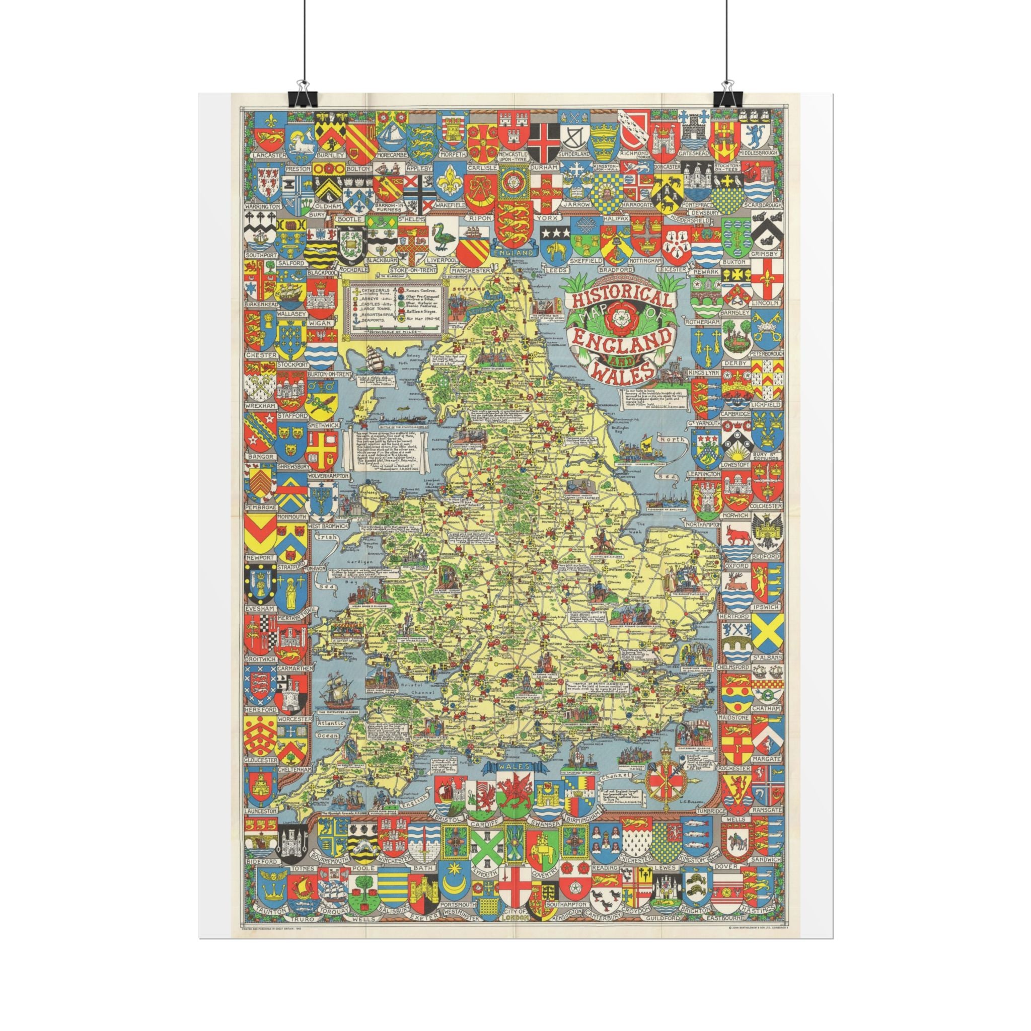 England & Wales Historic Pictorial Map (c. 1963) Rolled Poster | Vintage Map Wall Art
