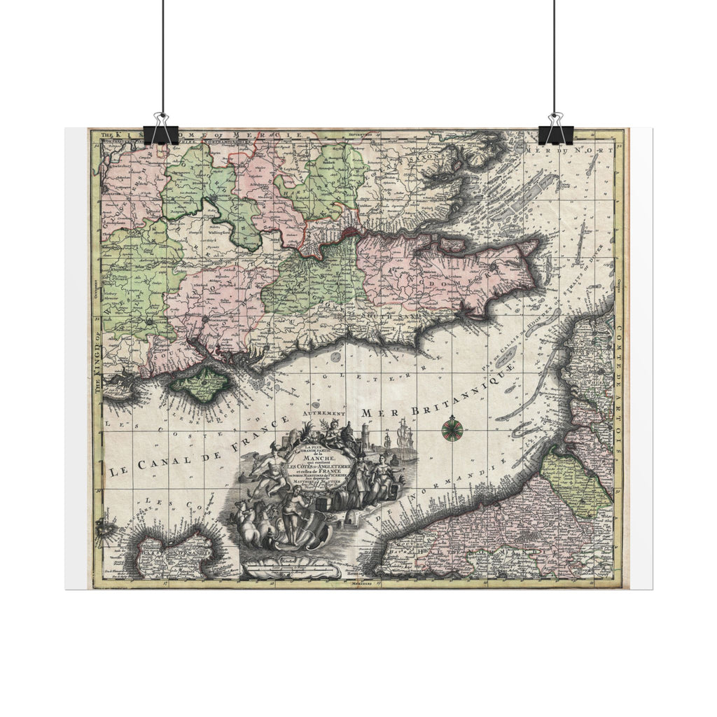English Channel Historic Map (c. 1730) Rolled Poster | Vintage Map Wall Art