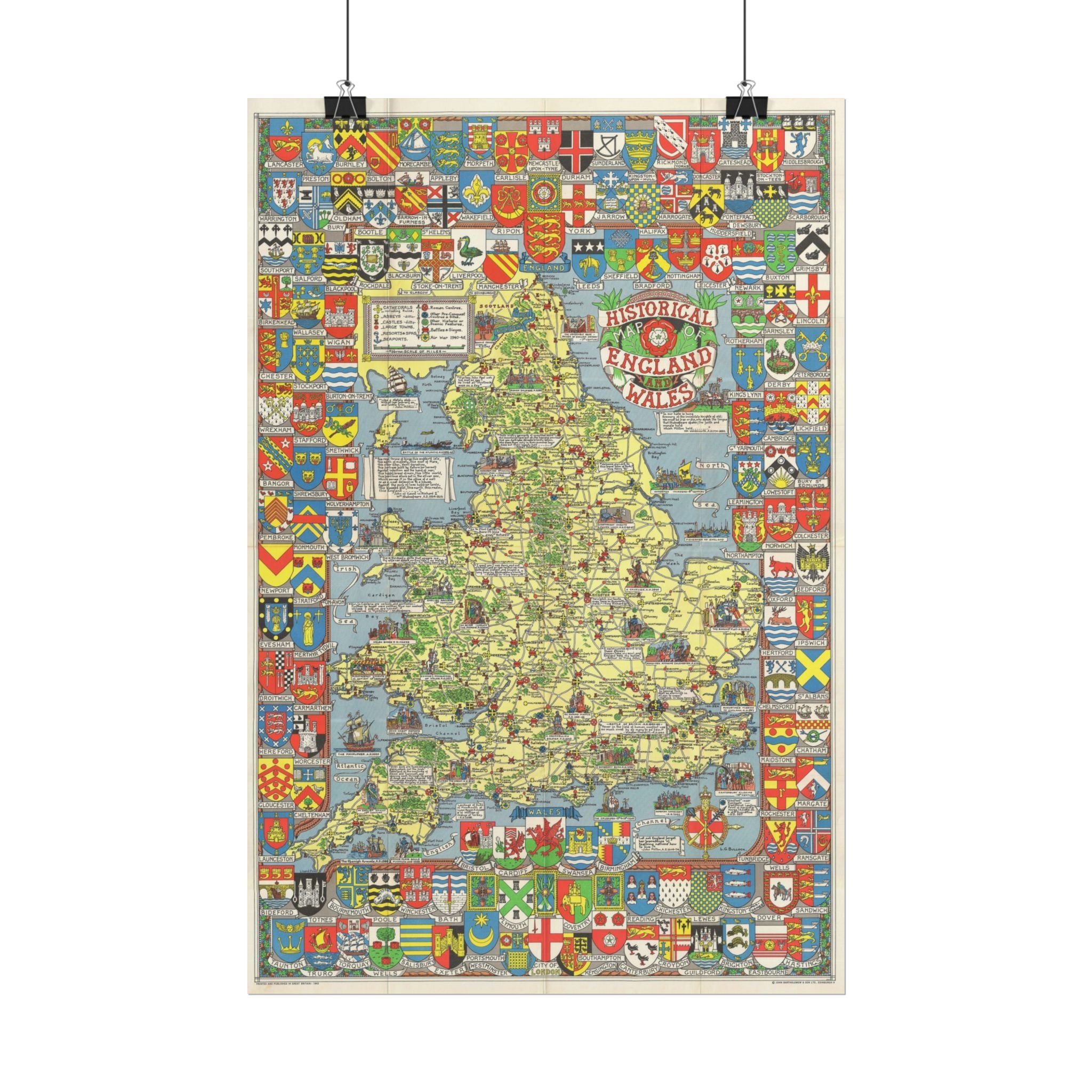England & Wales Historic Pictorial Map (c. 1963) Rolled Poster | Vintage Map Wall Art