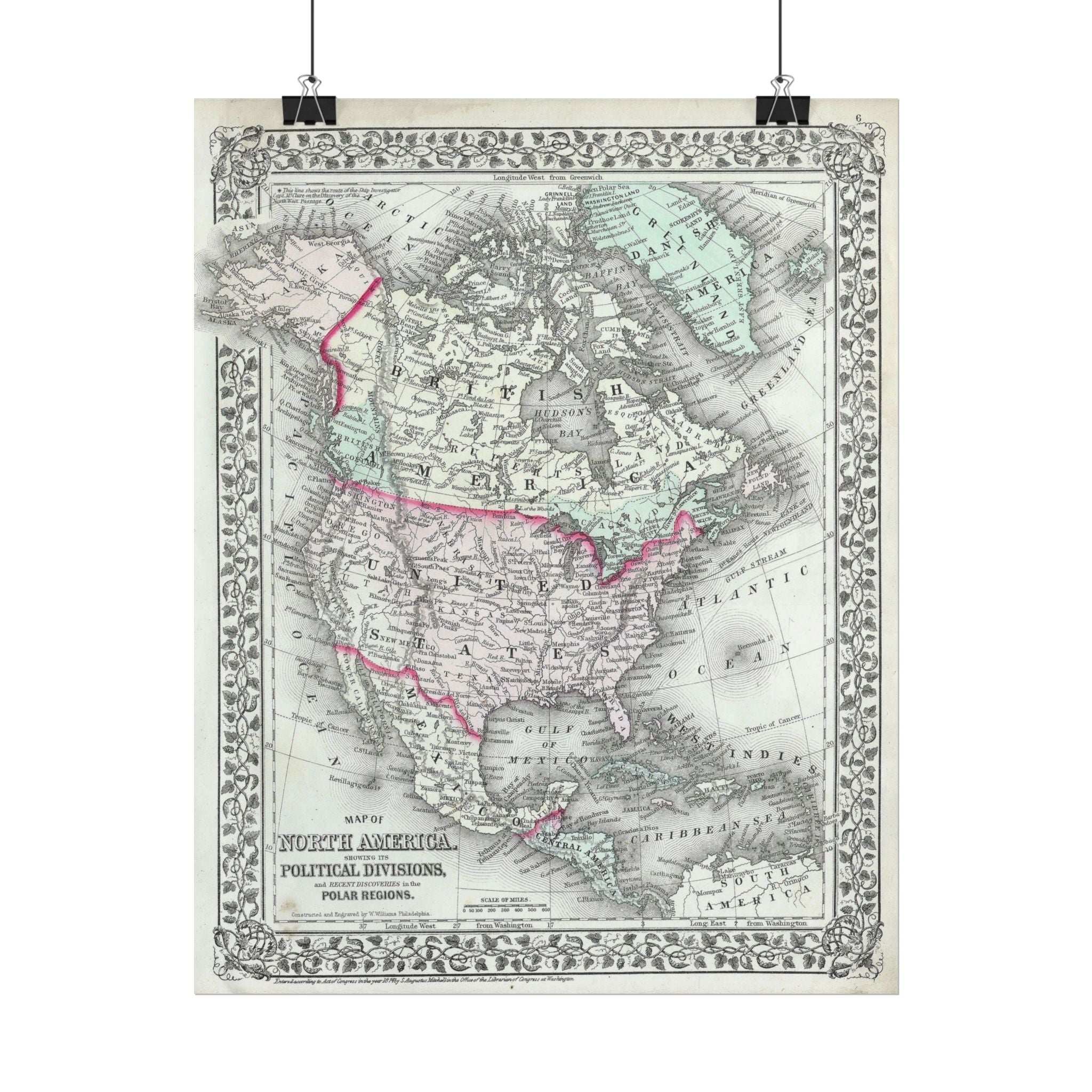 North America Antique Map (c. 1874) Rolled Poster | Vintage Map Wall Art