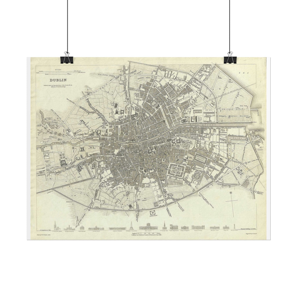 Dublin, Ireland Historic Map (c. 1836) Rolled Poster | Antique City Map Wall Art