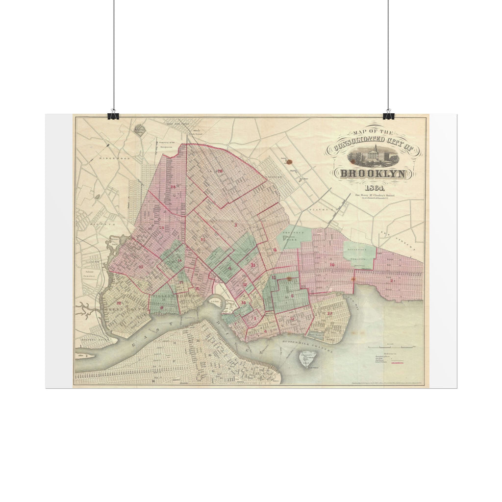 Brooklyn, New York Historic Map (c. 1864) Rolled Poster | Antique City Map Wall Art