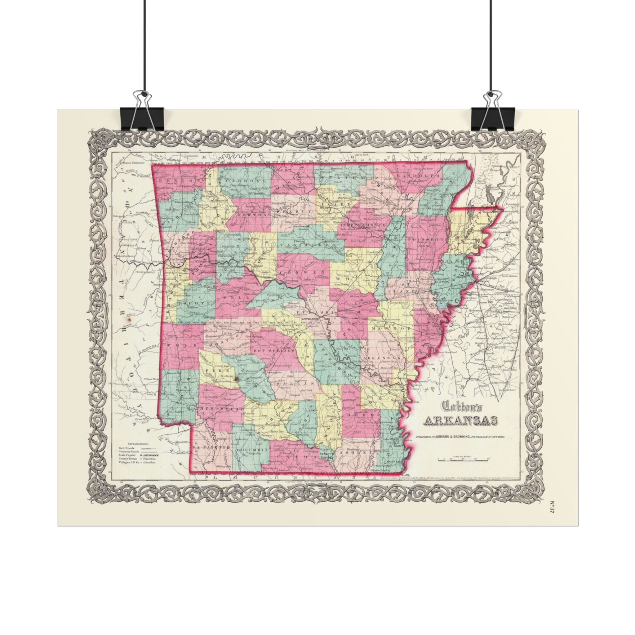 Arkansas Historic Map (c. 1860) Rolled Poster | Antique State Map Wall Art