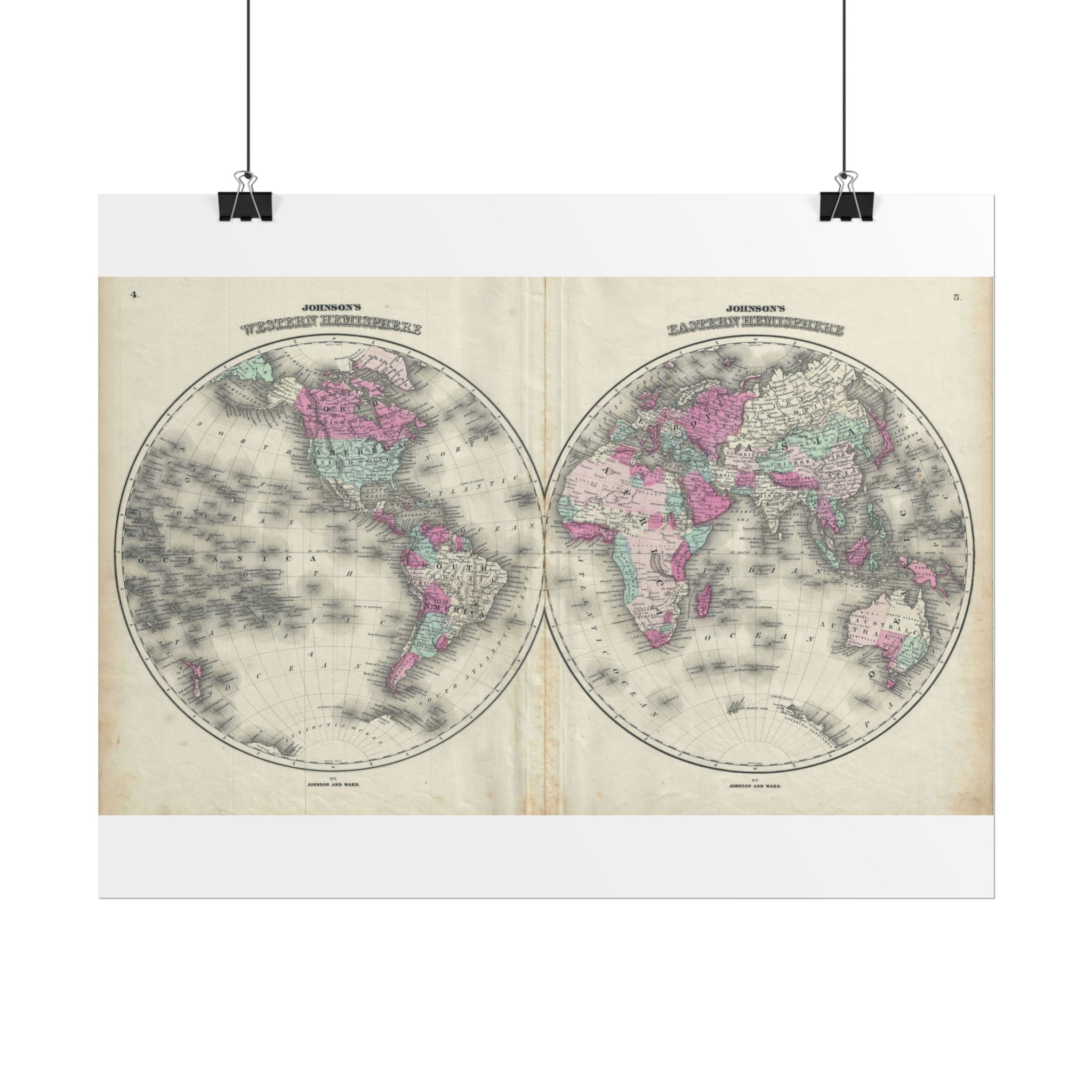 The World Atlas Hemispheres Historic Map (c. 1863) Rolled Poster | Antique Map Wall Art