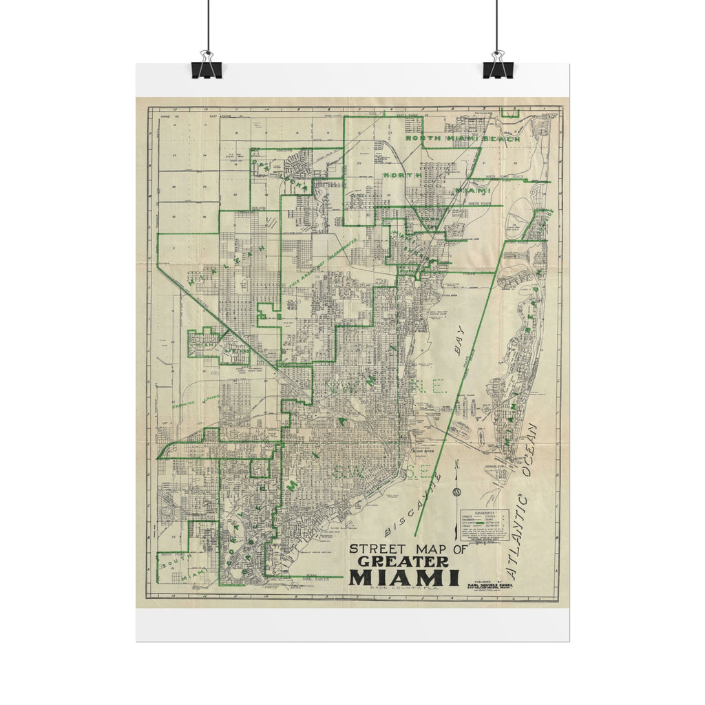 Miami, Florida (c. 1945) Historic City Map Rolled Poster | Antique Map Wall Art