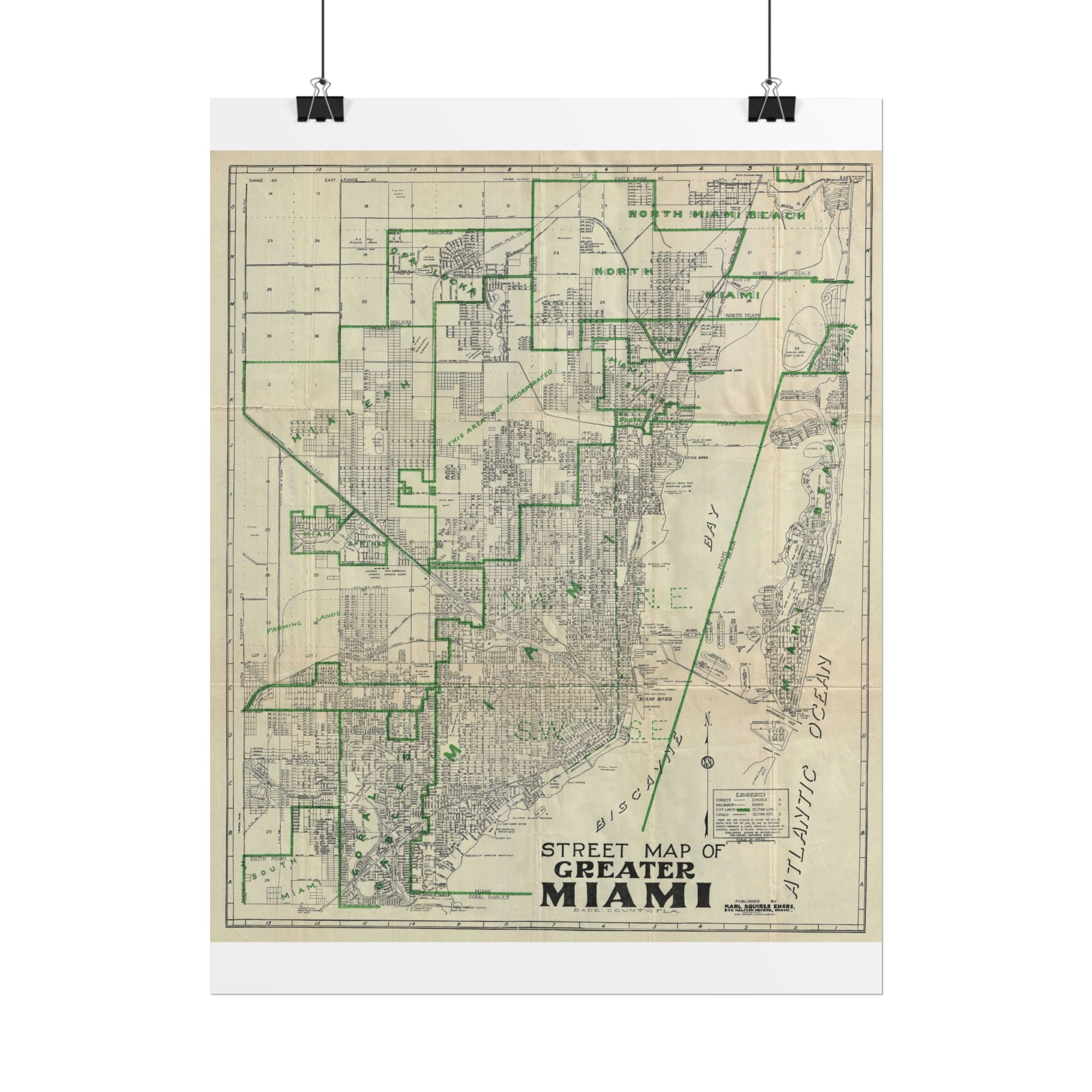 Miami, Florida (c. 1945) Historic City Map Rolled Poster | Antique Map Wall Art