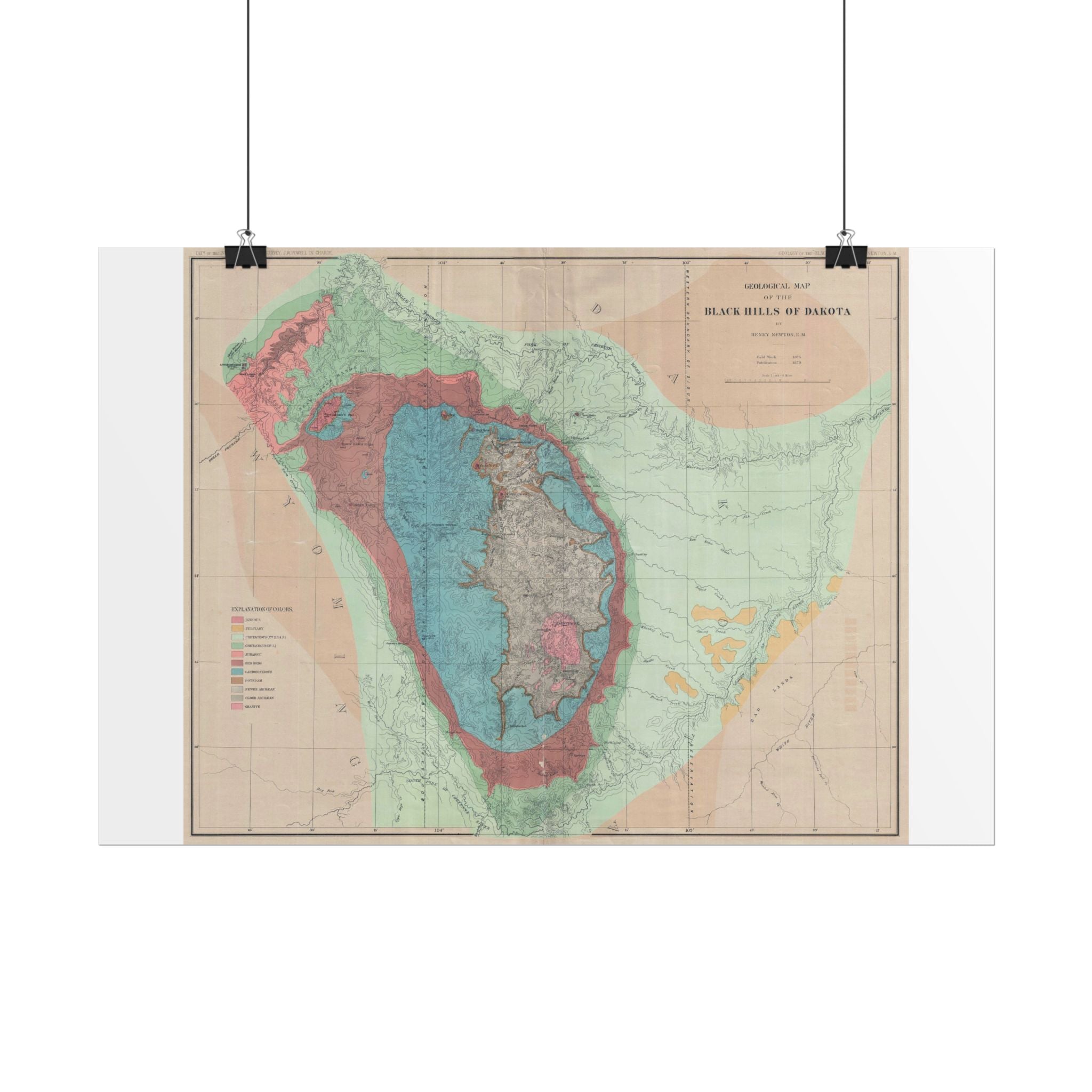 Black Hills, South Dakota Geologic Survey (c. 1879) Historic Map Rolled Poster | Vintage Map Wall Art