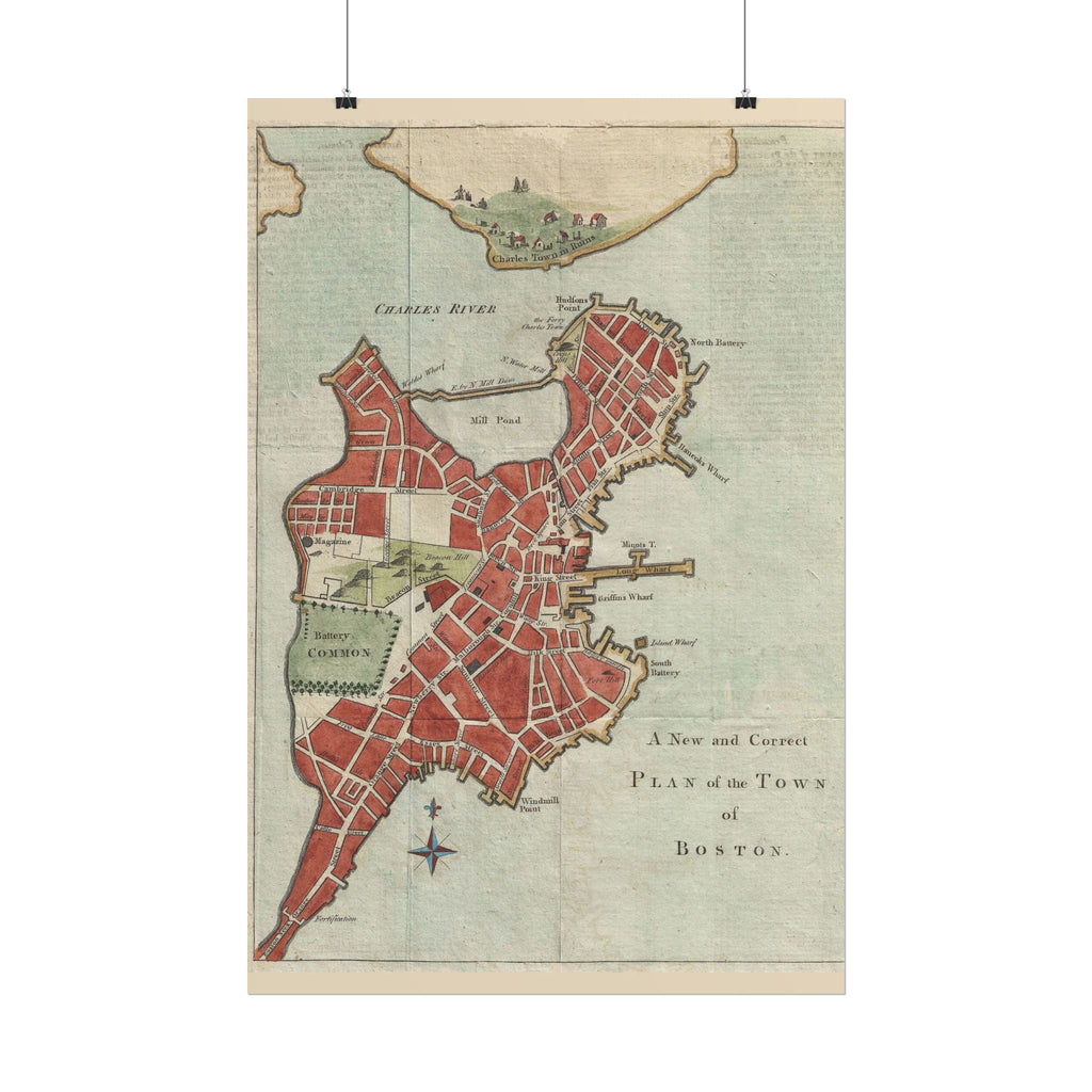 Boston, Massachusetts (c. 1775) Historic City Map Rolled Poster | Vintage Map Wall Art