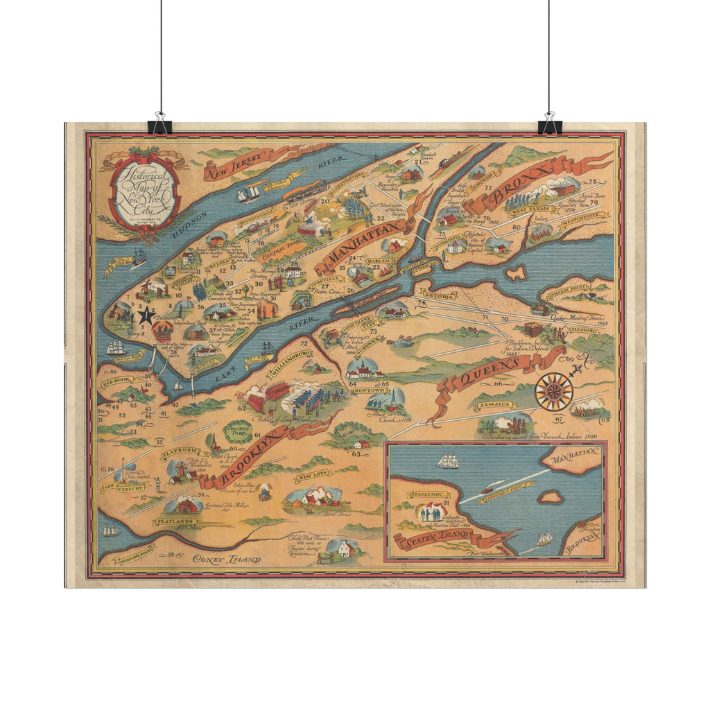New York City, New York Historic Map (c. 1932) Rolled Poster | Antique City Map Wall Art