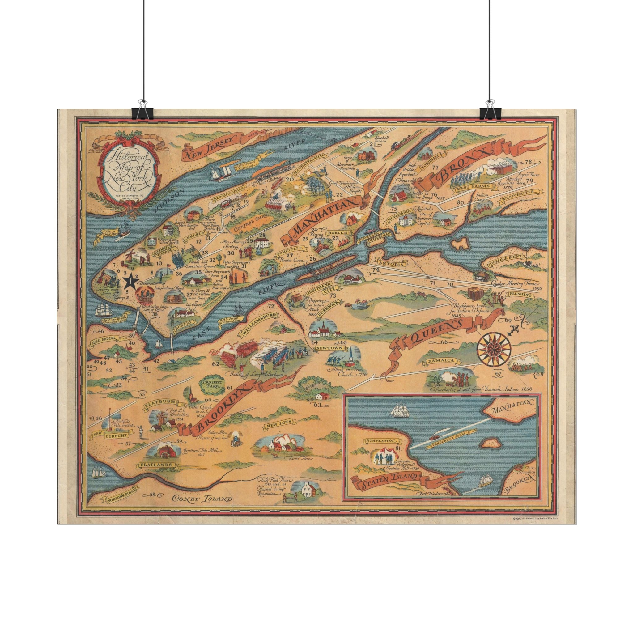 New York City, New York Historic Map (c. 1932) Rolled Poster | Antique City Map Wall Art