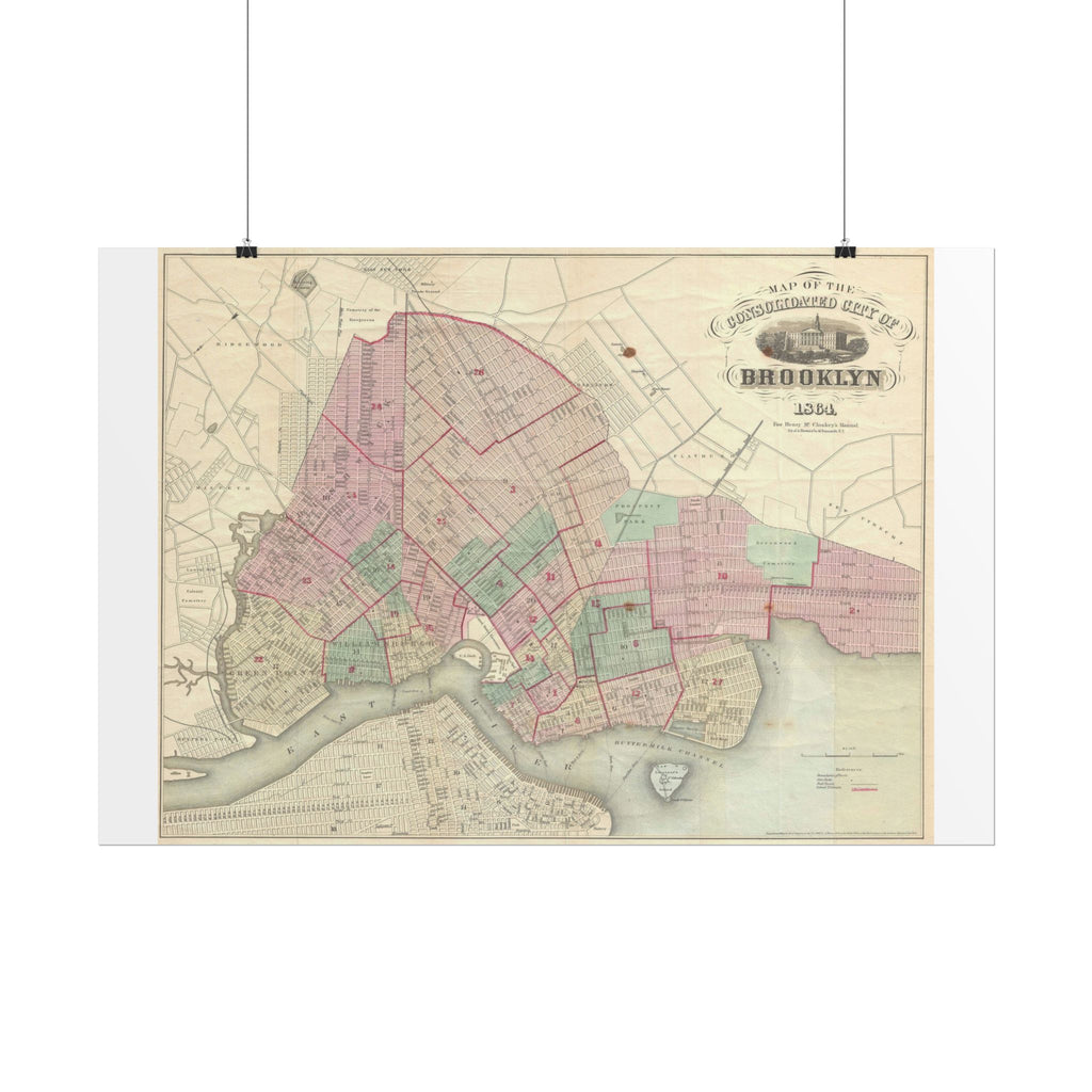 Brooklyn, New York Historic Map (c. 1864) Rolled Poster | Antique City Map Wall Art
