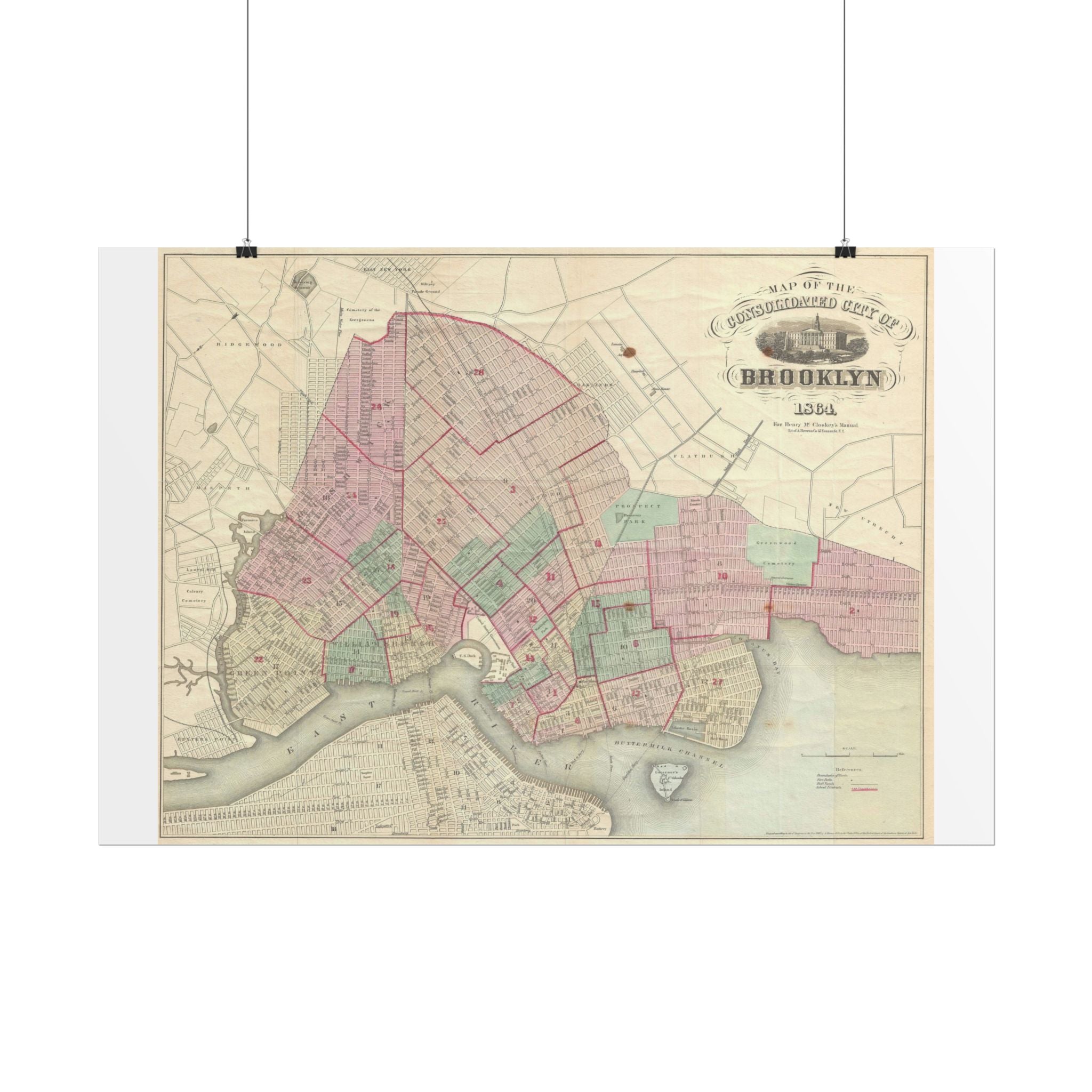 Brooklyn, New York Historic Map (c. 1864) Rolled Poster | Antique City Map Wall Art