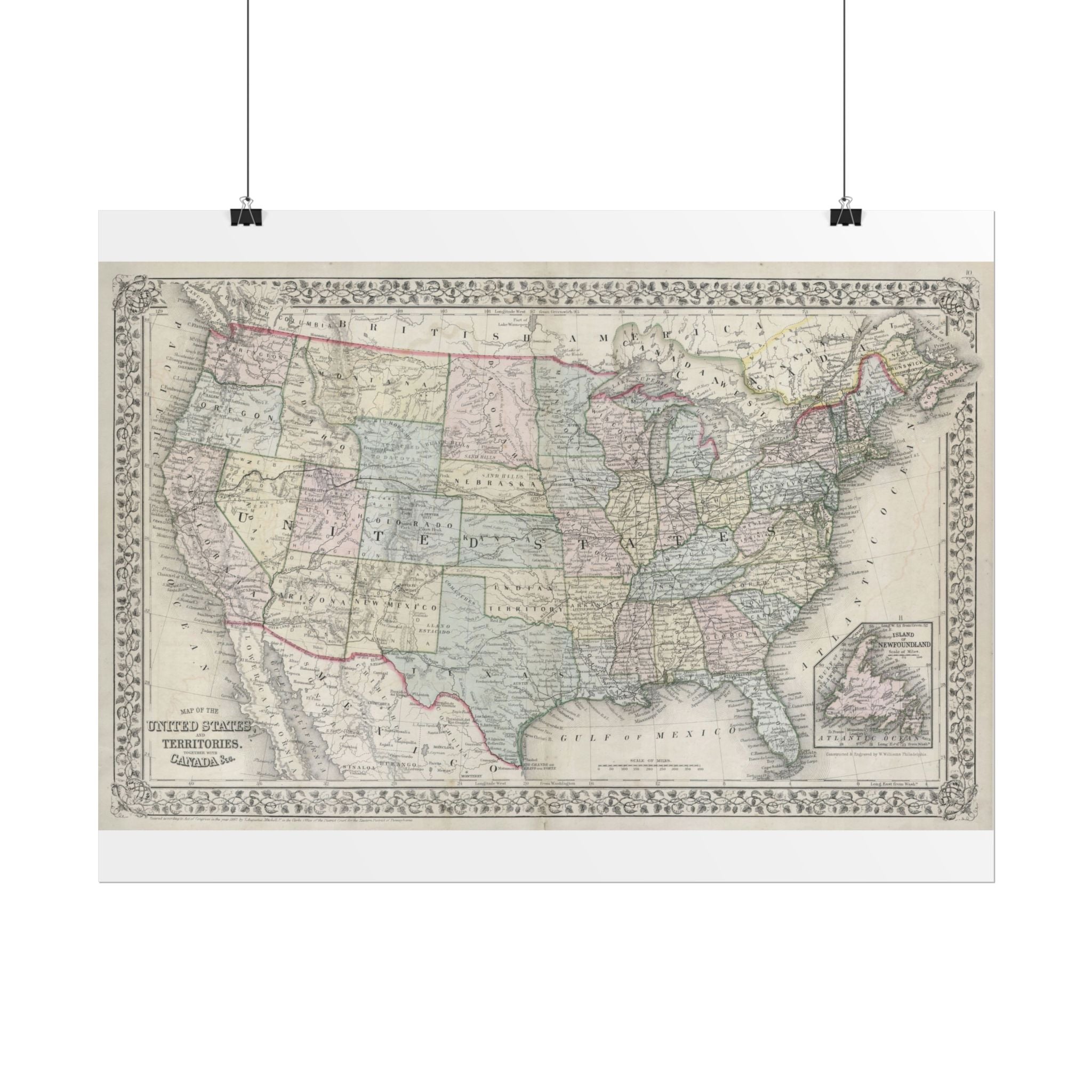 United States of America Historic Map (c. 1867) Rolled Poster | Vintage Map Wall Art