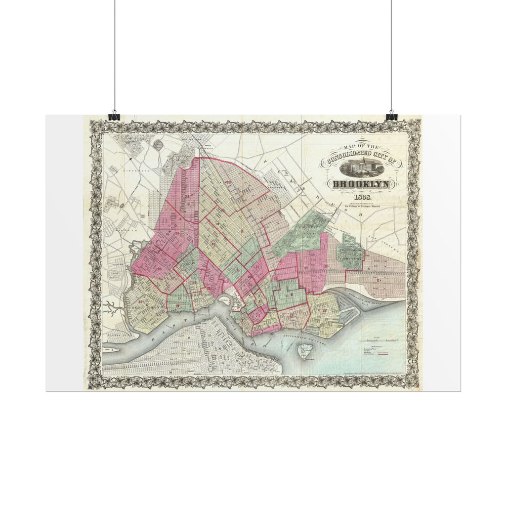 Brooklyn, New York Historic Map (c. 1868) Rolled Poster | Antique City Map Wall Art