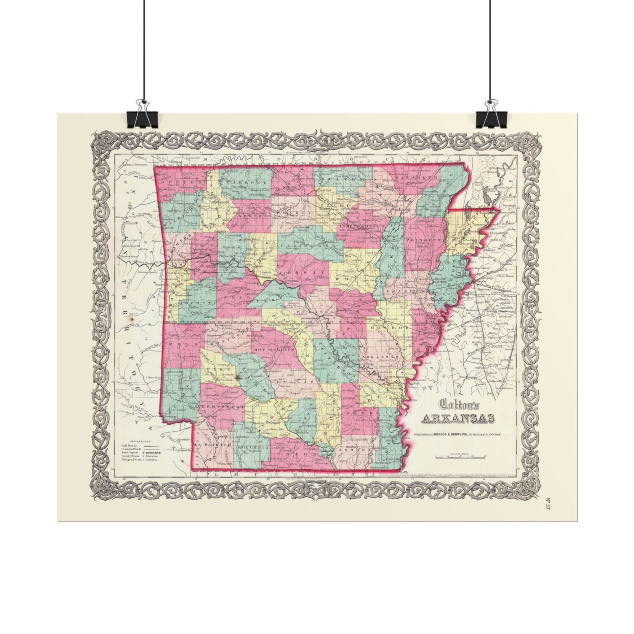 Arkansas Historic Map (c. 1860) Rolled Poster | Antique State Map Wall Art