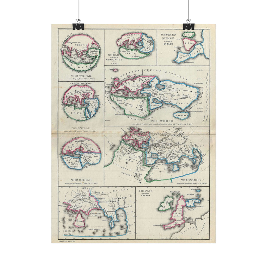 The Ancient World according to Homer, Ptolomy, Democritus, et al. Historic Map (c. 1867) Rolled Poster | Antique Map Wall Art