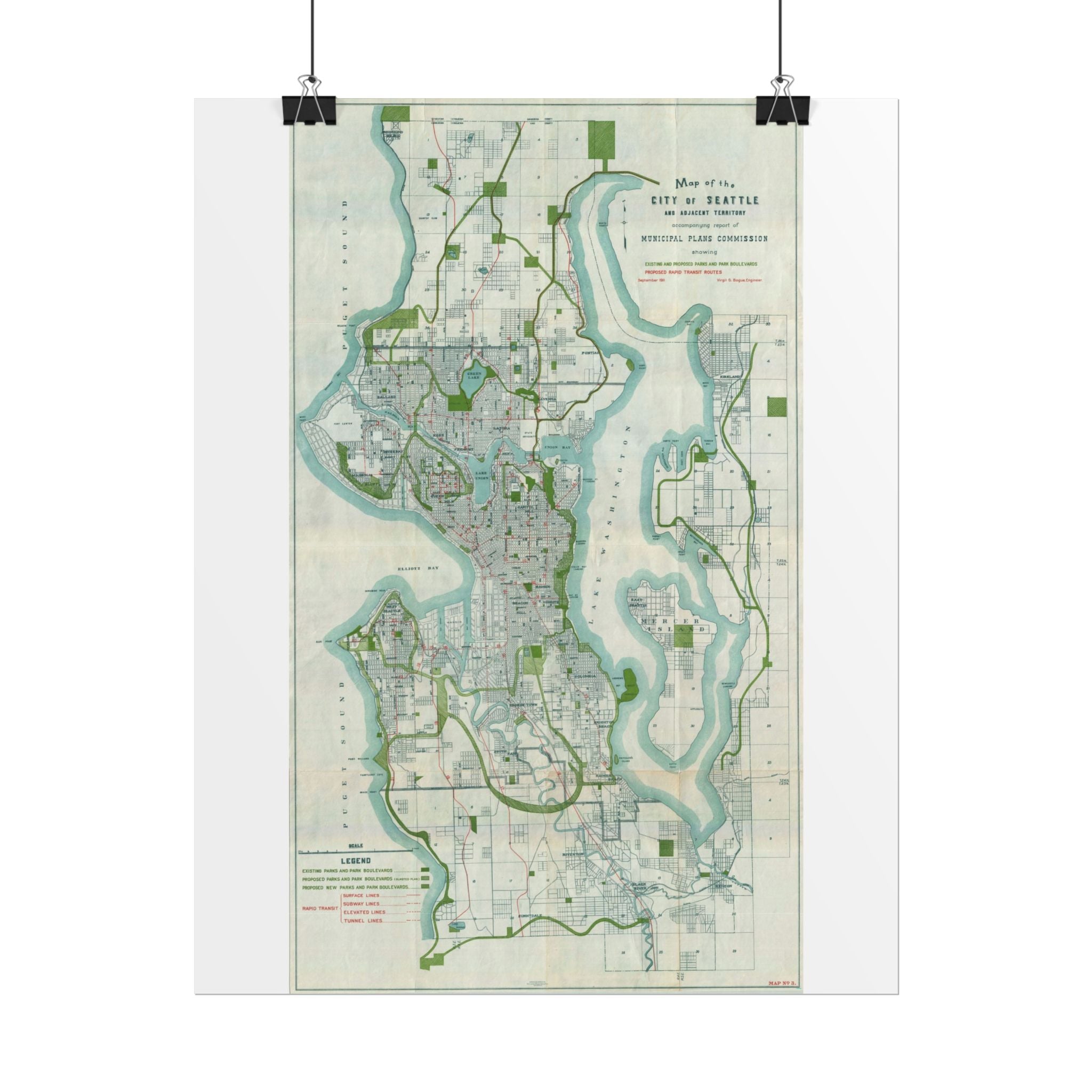 Seattle, Washington (c. 1911) Historic City Map Rolled Poster | Vintage Map Wall Art