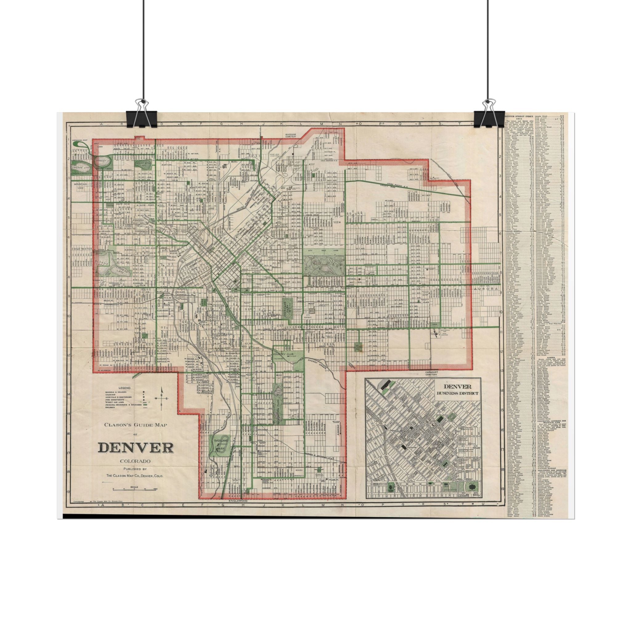 Denver, Colorado Historic Map (c. 1919) Rolled Poster | Antique City Map Wall Art