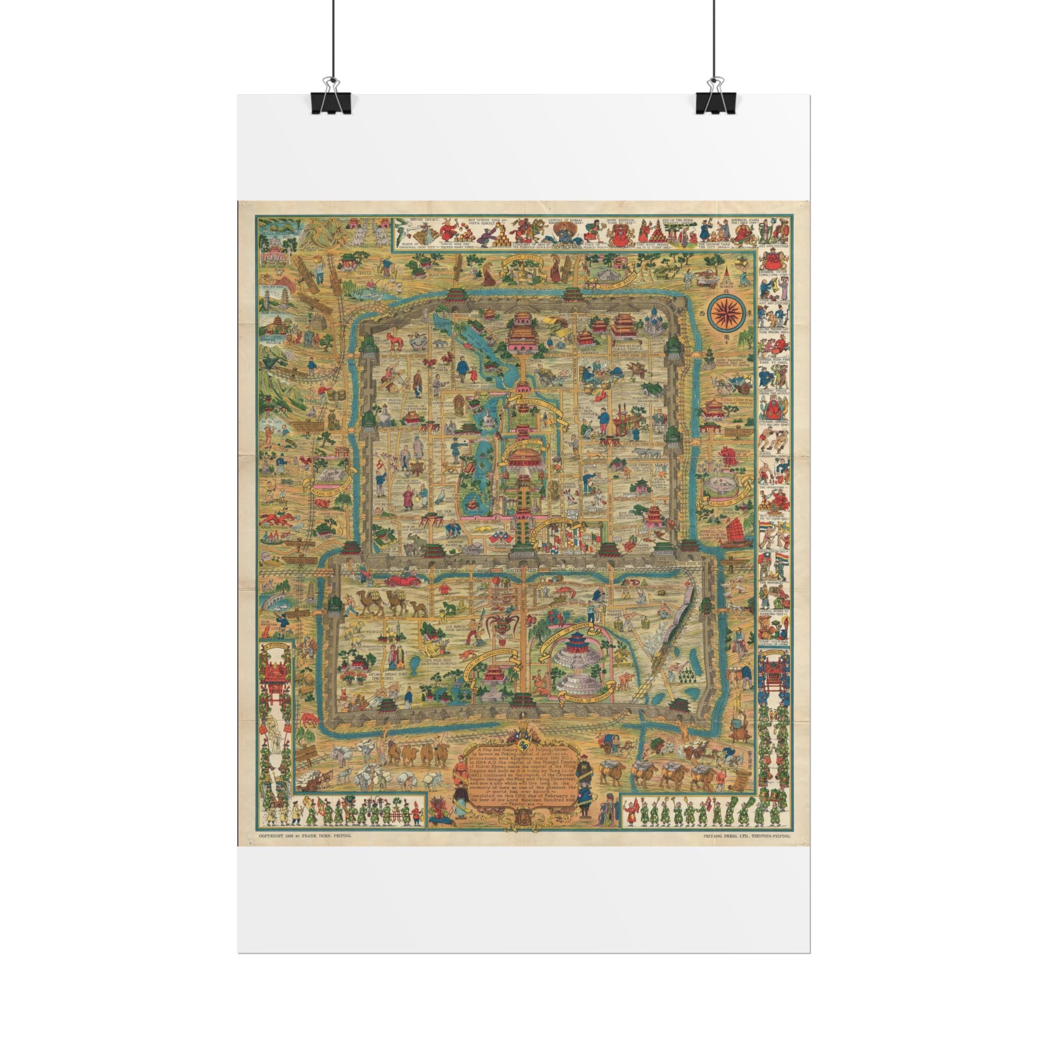 Beijing, China Historic City Map (c. 1936) Rolled Poster | Vintage Map Wall Art