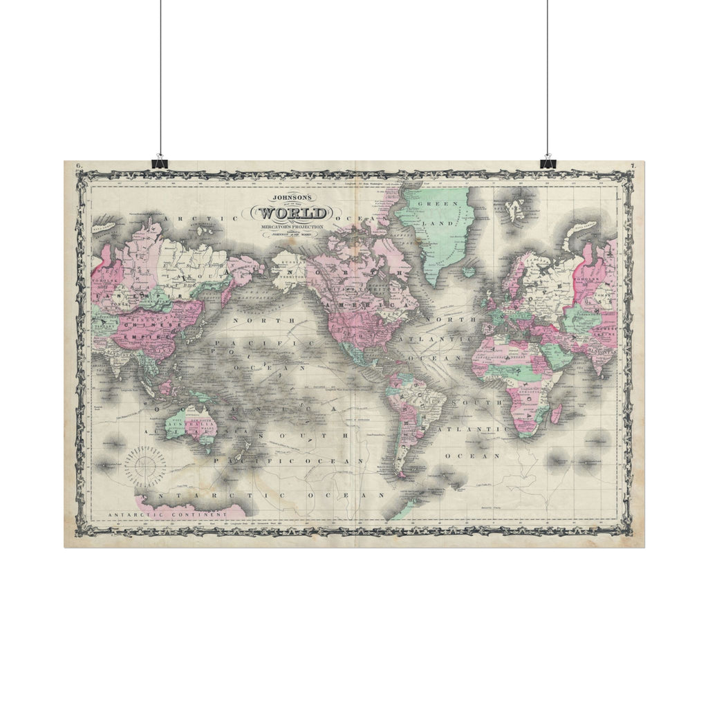 The World Atlas Mercator's Projection Historic Map (c. 1863) Rolled Poster | Antique Map Wall Art