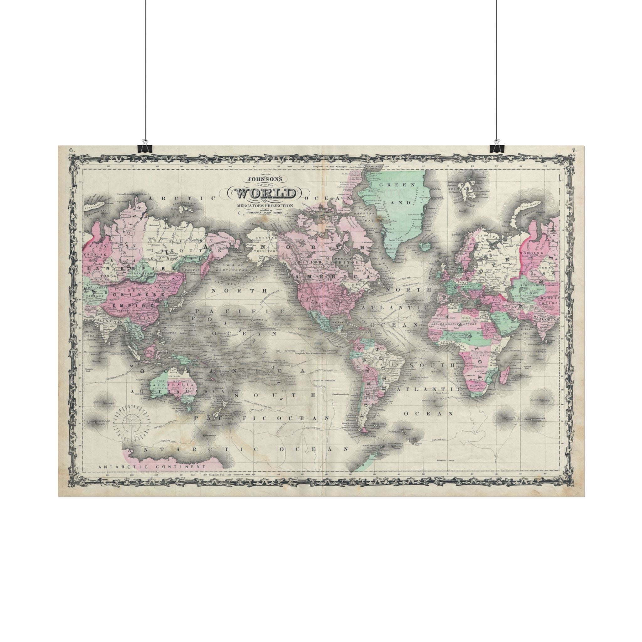 The World Atlas Mercator's Projection Historic Map (c. 1863) Rolled Poster | Antique Map Wall Art
