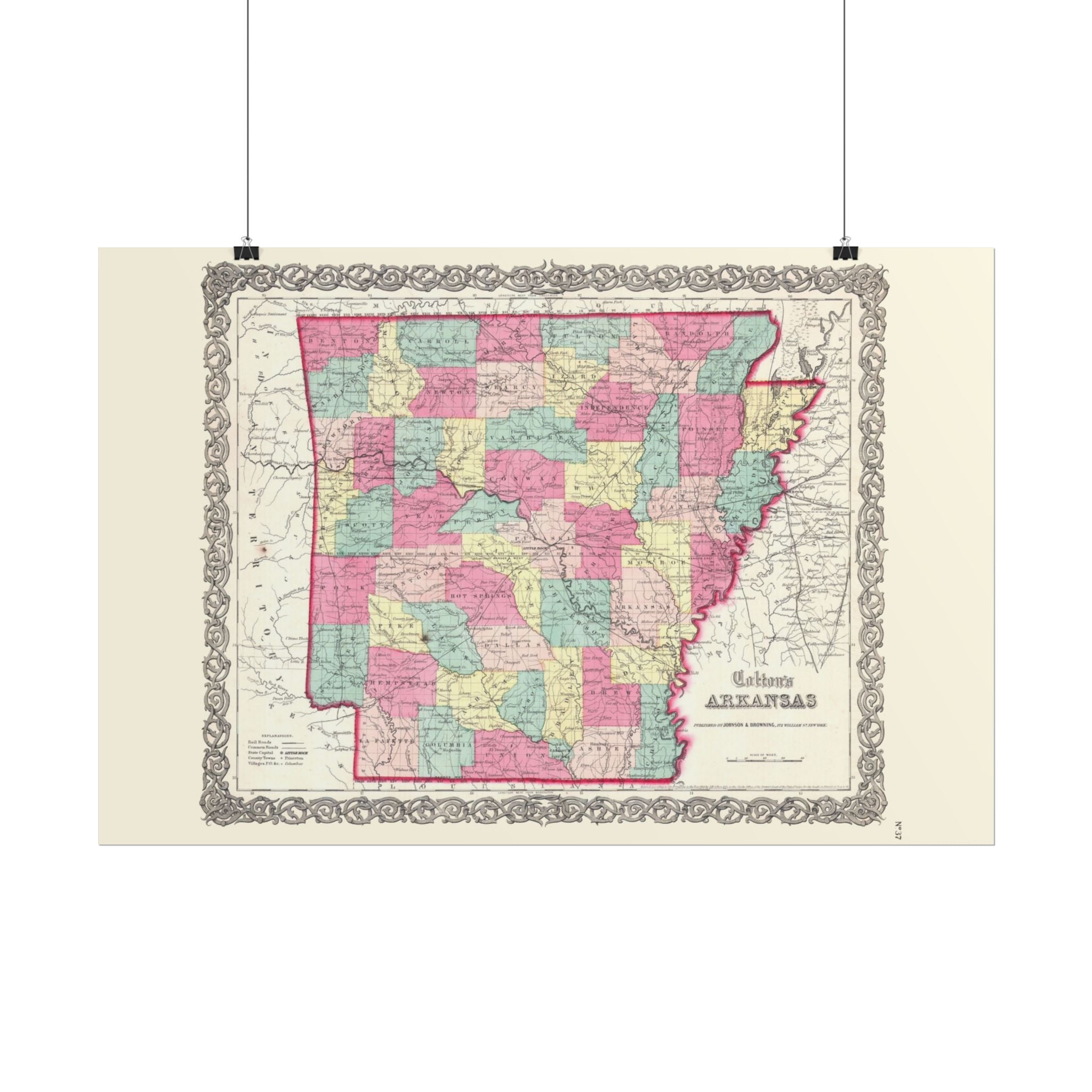 Arkansas Historic Map (c. 1860) Rolled Poster | Antique State Map Wall Art