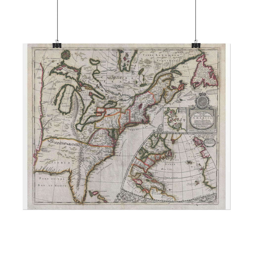 English Empire in America Historic Map (c. 1695) Rolled Poster | Vintage Map Wall Art