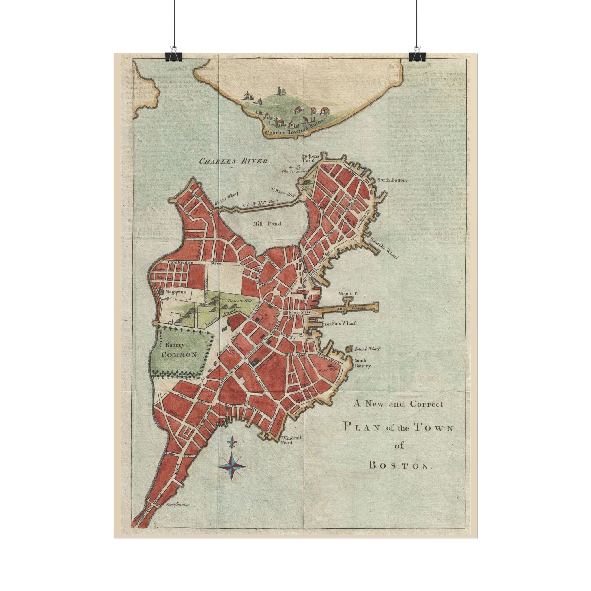 Boston, Massachusetts (c. 1775) Historic City Map Rolled Poster | Vintage Map Wall Art