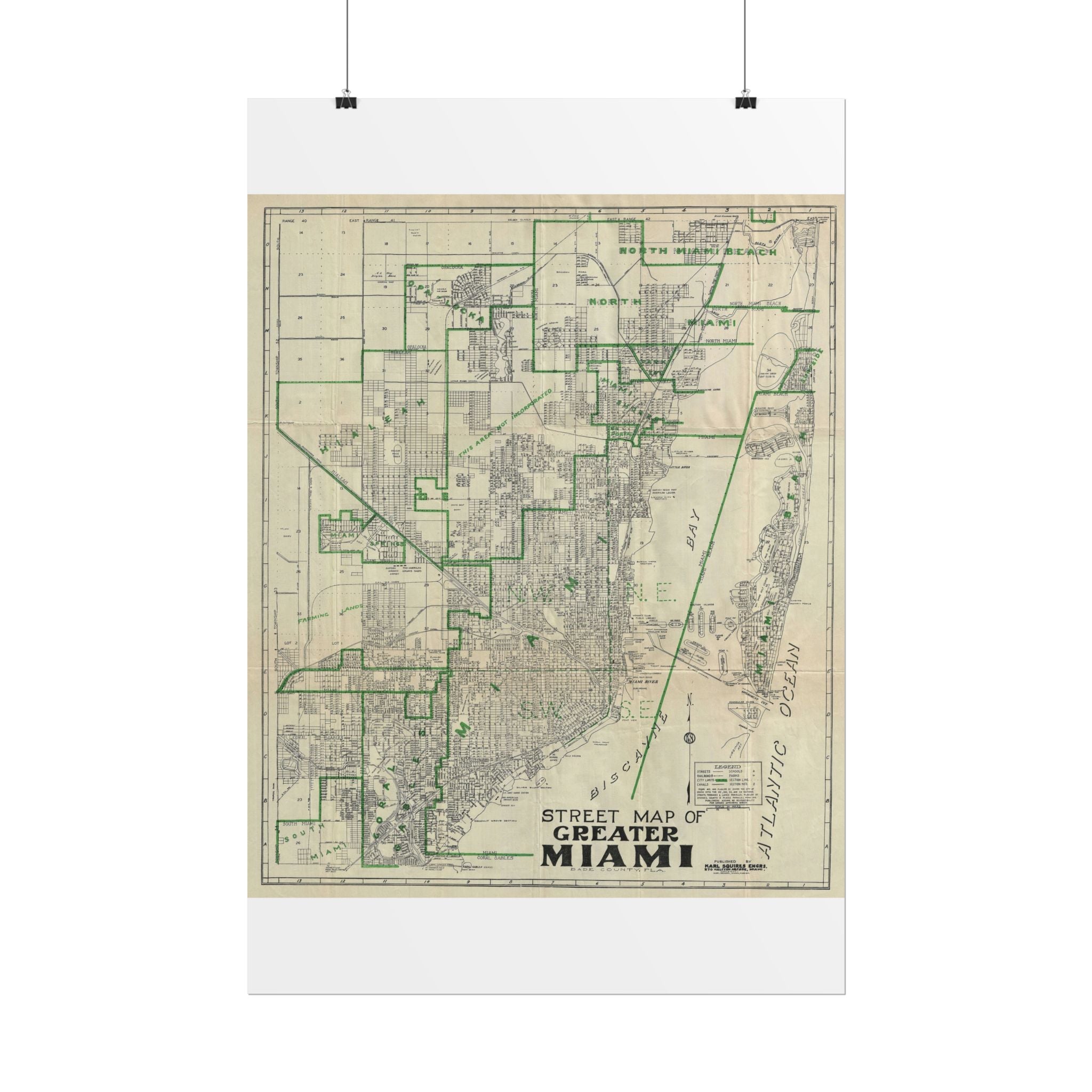 Miami, Florida (c. 1945) Historic City Map Rolled Poster | Antique Map Wall Art