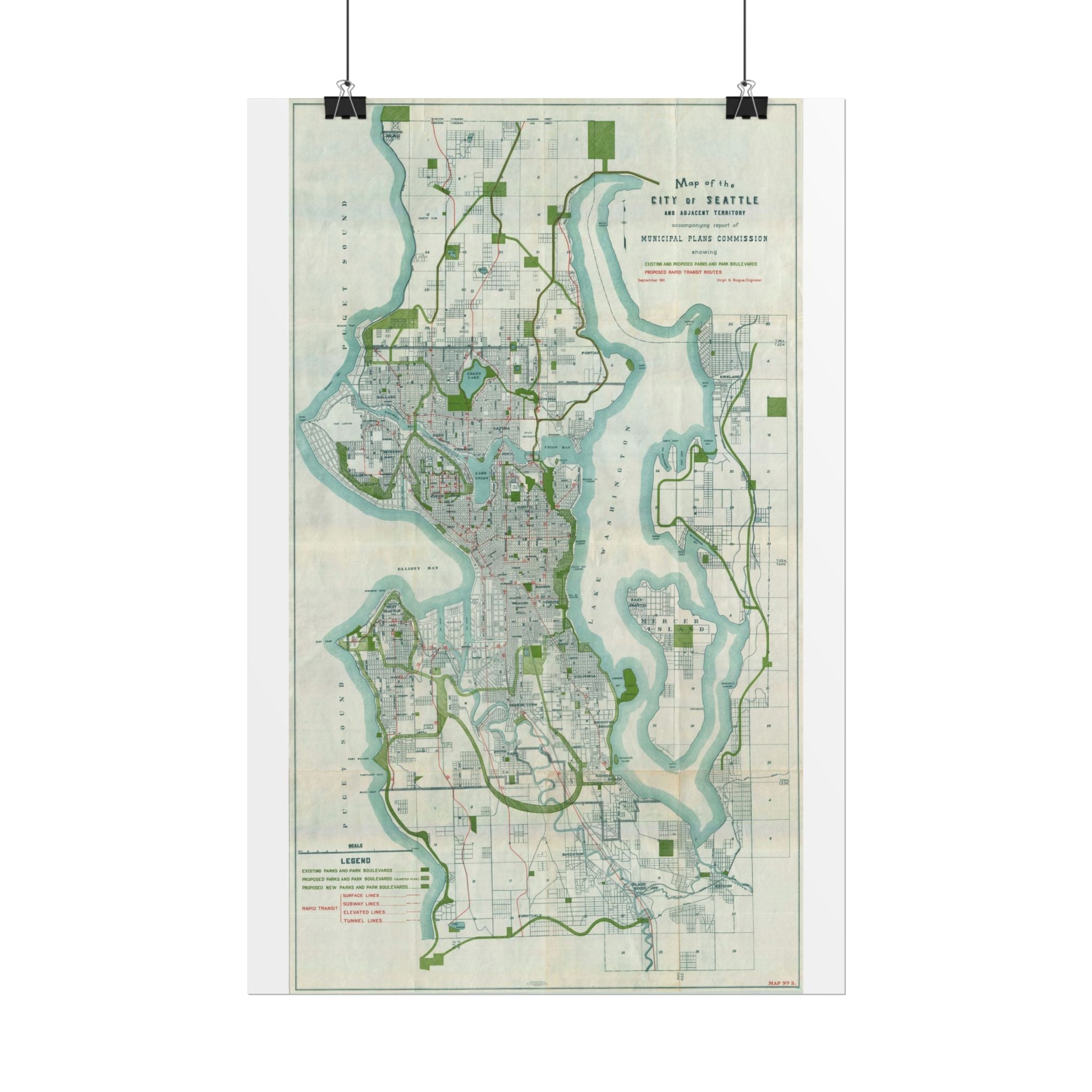 Seattle, Washington (c. 1911) Historic City Map Rolled Poster | Vintage Map Wall Art