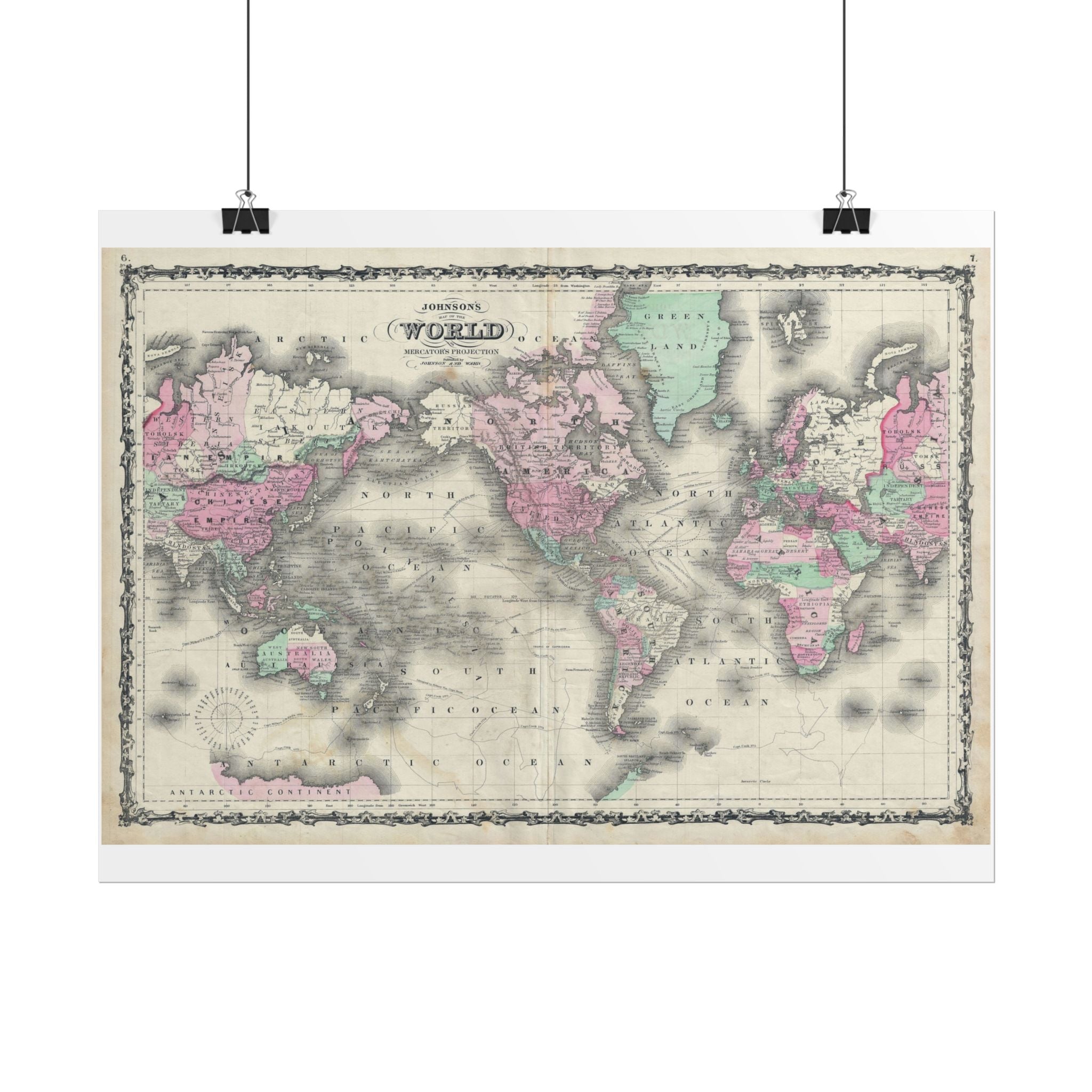 The World Atlas Mercator's Projection Historic Map (c. 1863) Rolled Poster | Antique Map Wall Art
