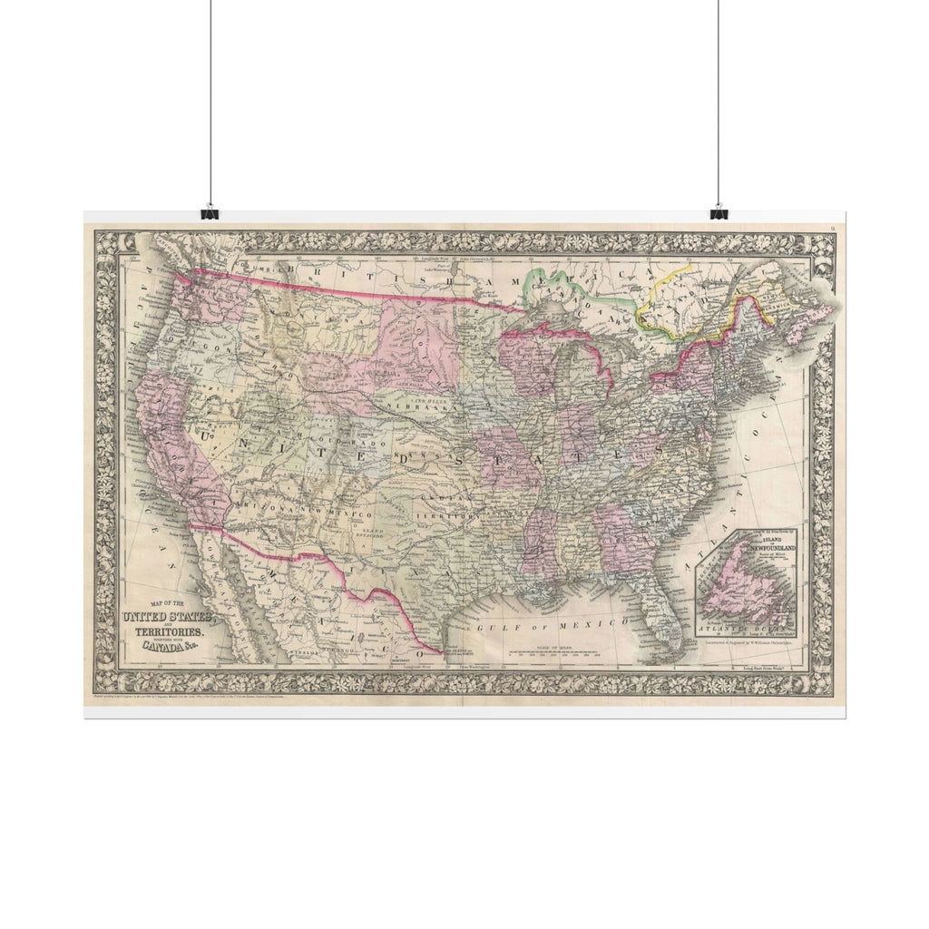 United States of America Historic Map (c. 1866) Rolled Poster | Vintage Map Wall Art