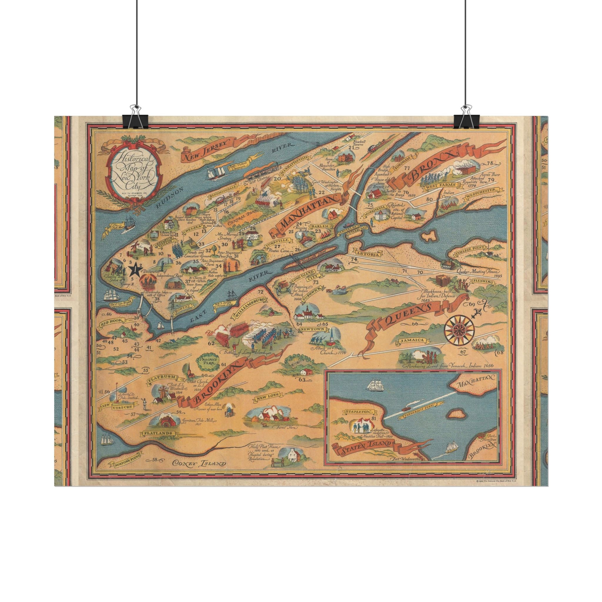 New York City, New York Historic Map (c. 1932) Rolled Poster | Antique City Map Wall Art