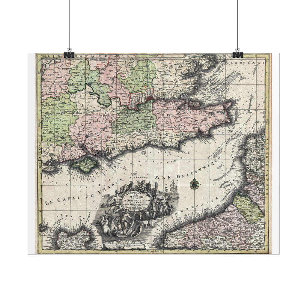 English Channel Historic Map (c. 1730) Rolled Poster | Vintage Map Wall Art